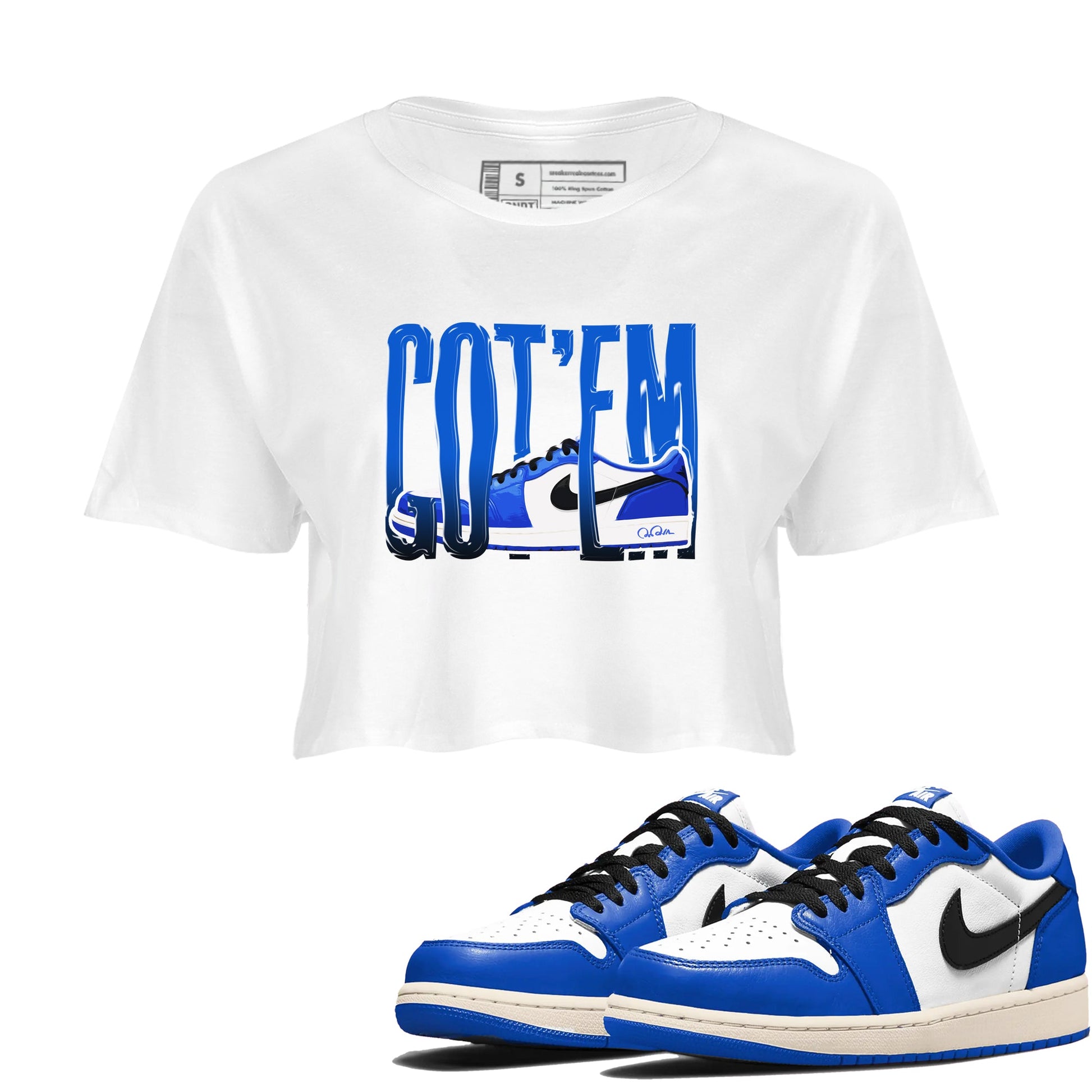 AJ1 Game Royal shirt to match jordans Wiggling Gotem sneaker tees Air Jordan 1 Game Royal SNRT Sneaker Release Tees White 1 crop length shirt