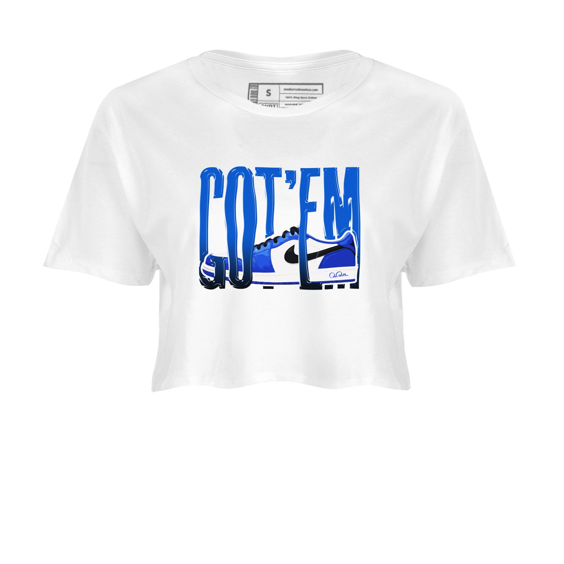 AJ1 Game Royal shirt to match jordans Wiggling Gotem sneaker tees Air Jordan 1 Game Royal SNRT Sneaker Release Tees White 2 crop length shirt