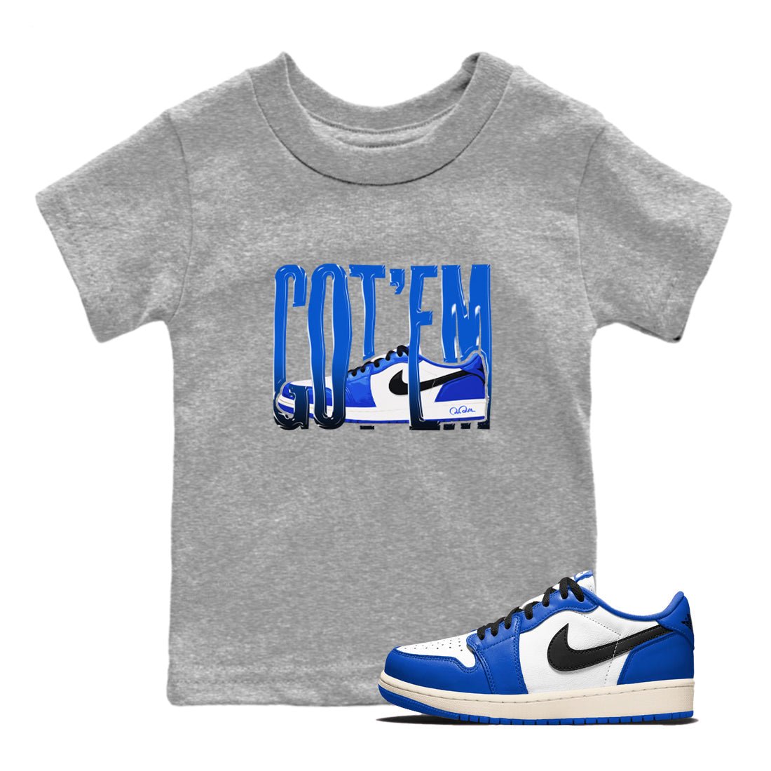 AJ1 Game Royal shirt to match jordans Wiggling Gotem sneaker tees Air Jordan 1 Game Royal SNRT sneaker release tees baby toddler Heather Grey 1 cotton Shirt