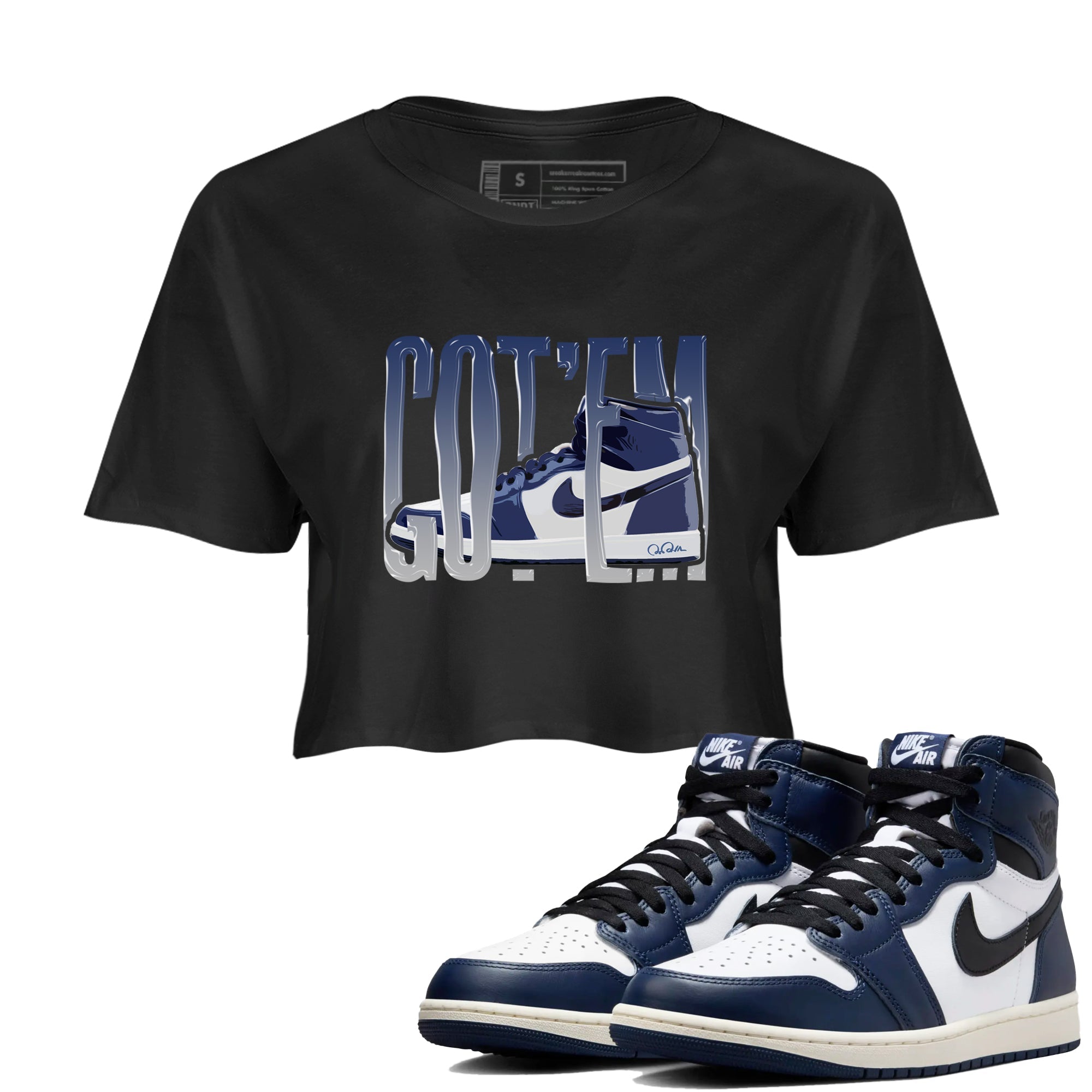 1s Midnight Navy shirts to match jordans Wiggling Gotem sneaker match tees Air Jordan 1 Midnight Navy match shoes to clothes SNRT Sneaker Tees unisex cotton Black 1 crop tee