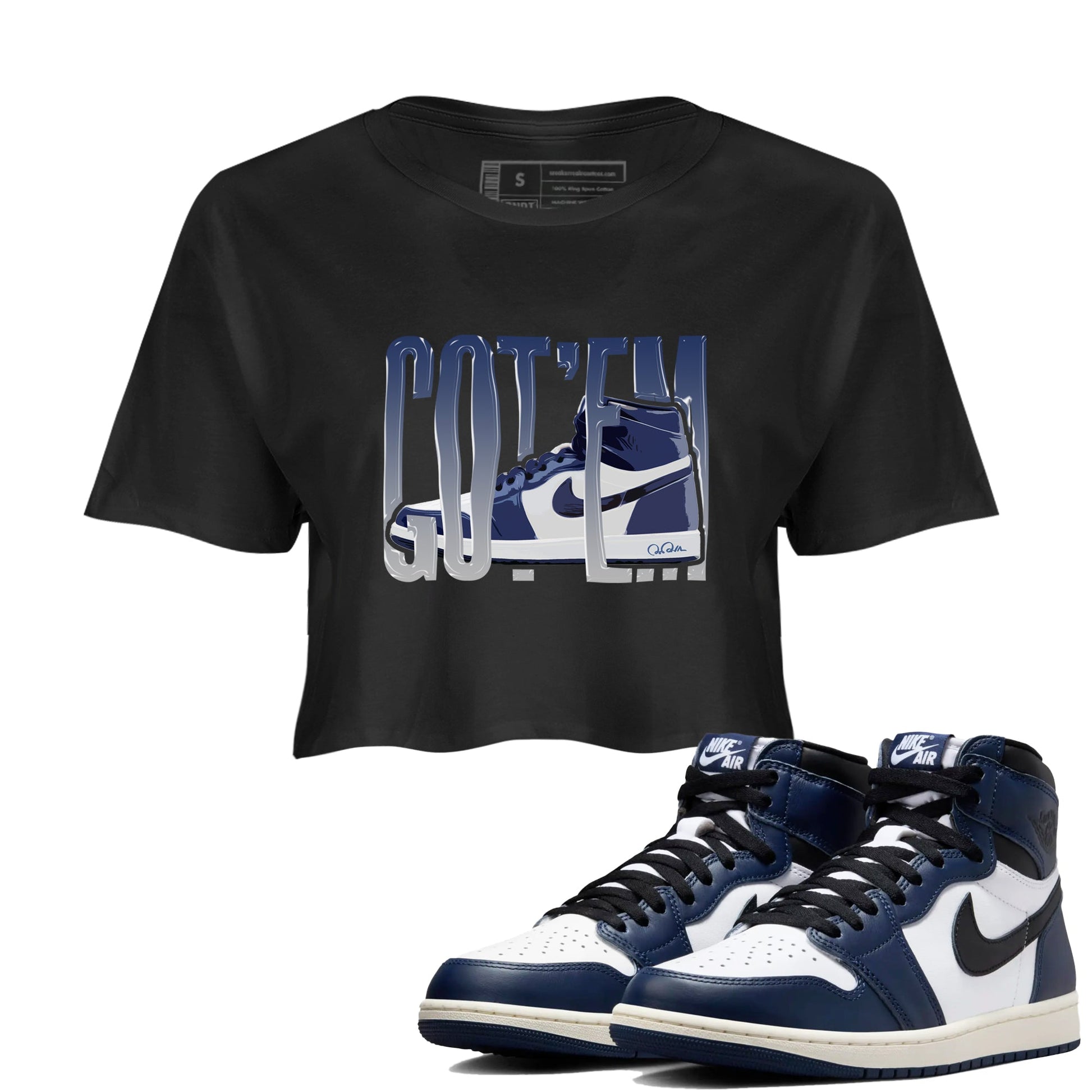 1s Midnight Navy shirts to match jordans Wiggling Gotem sneaker match tees Air Jordan 1 Midnight Navy match shoes to clothes SNRT Sneaker Tees unisex cotton Black 1 crop tee