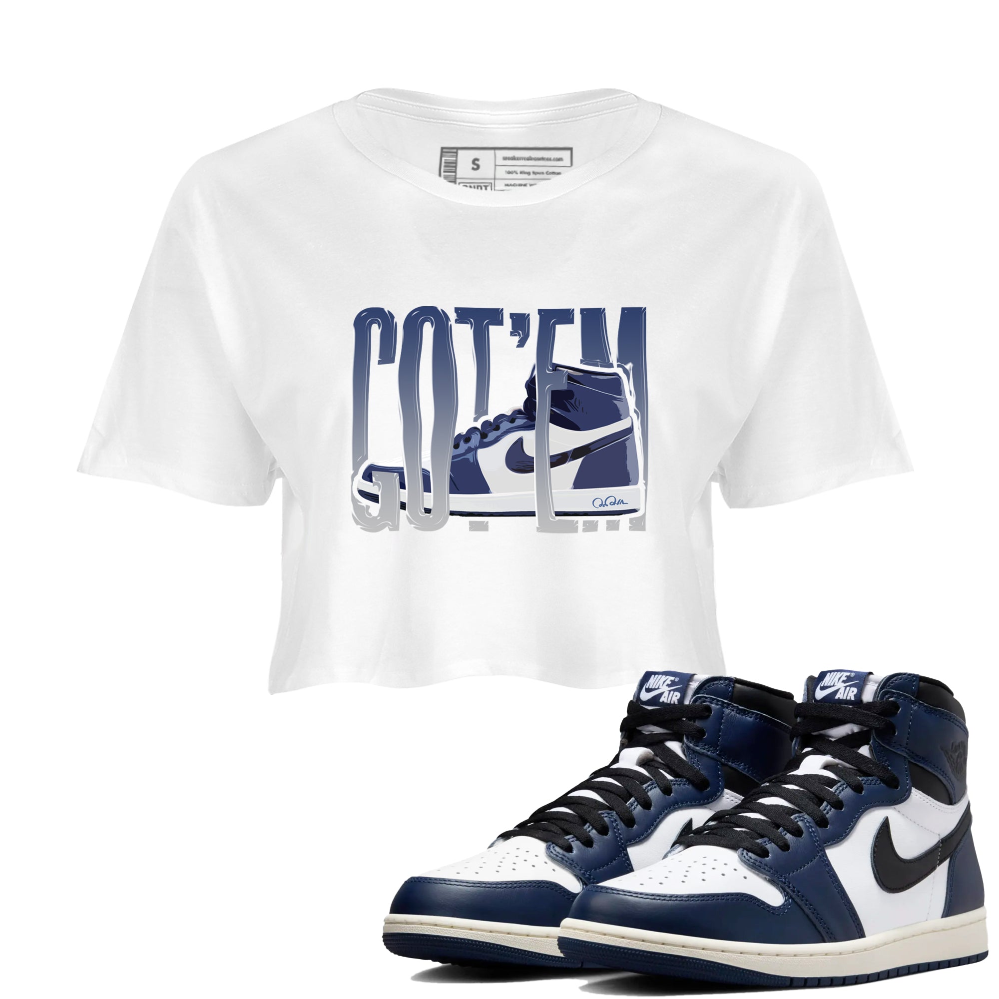 1s Midnight Navy shirts to match jordans Wiggling Gotem sneaker match tees Air Jordan 1 Midnight Navy match shoes to clothes SNRT Sneaker Tees unisex cotton White 1 crop tee