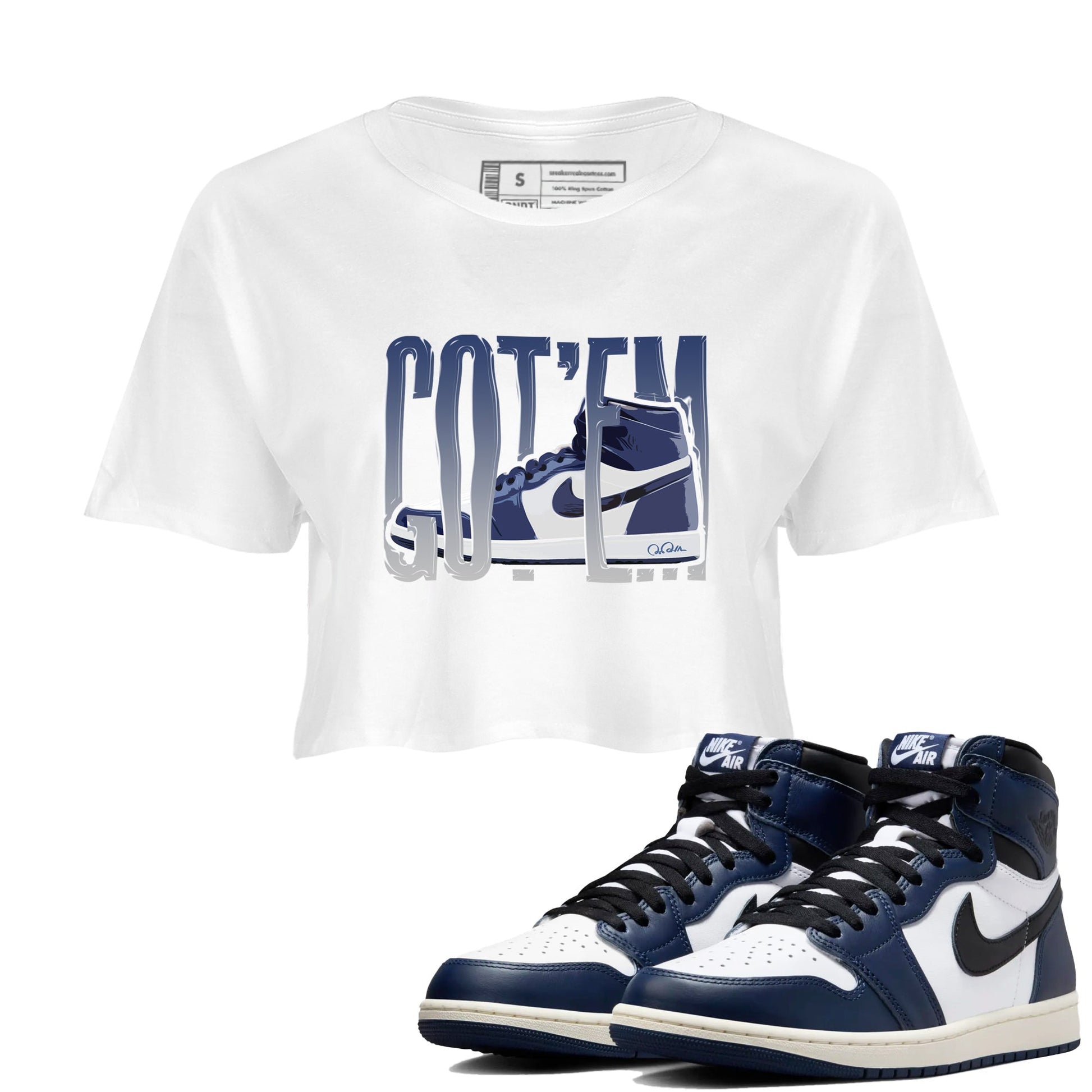 1s Midnight Navy shirts to match jordans Wiggling Gotem sneaker match tees Air Jordan 1 Midnight Navy match shoes to clothes SNRT Sneaker Tees unisex cotton White 1 crop tee