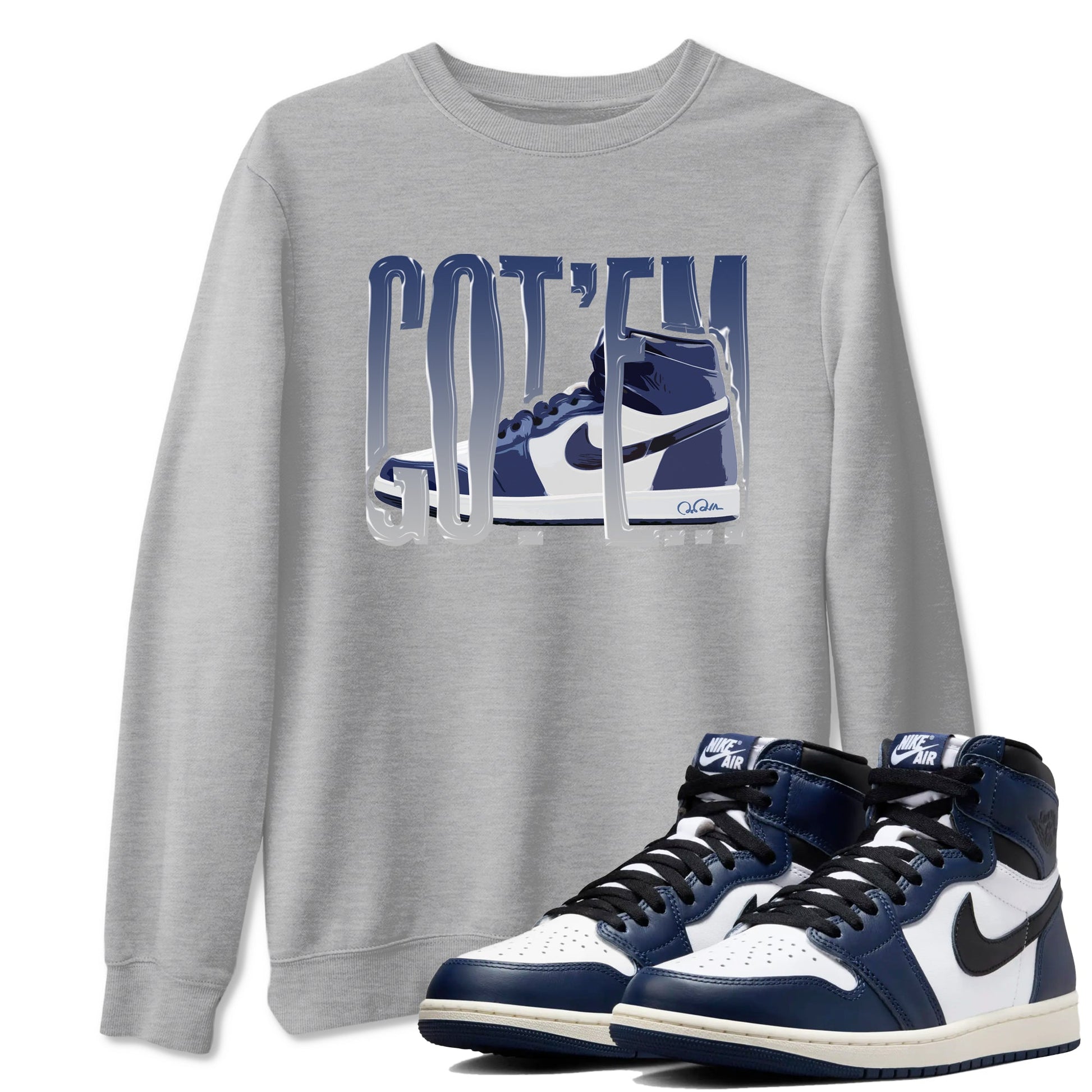 1s Midnight Navy shirts to match jordans Wiggling Gotem sneaker match tees Air Jordan 1 Midnight Navy match shoes to clothes SNRT Sneaker Tees unisex cotton Heather Grey 1 shirts