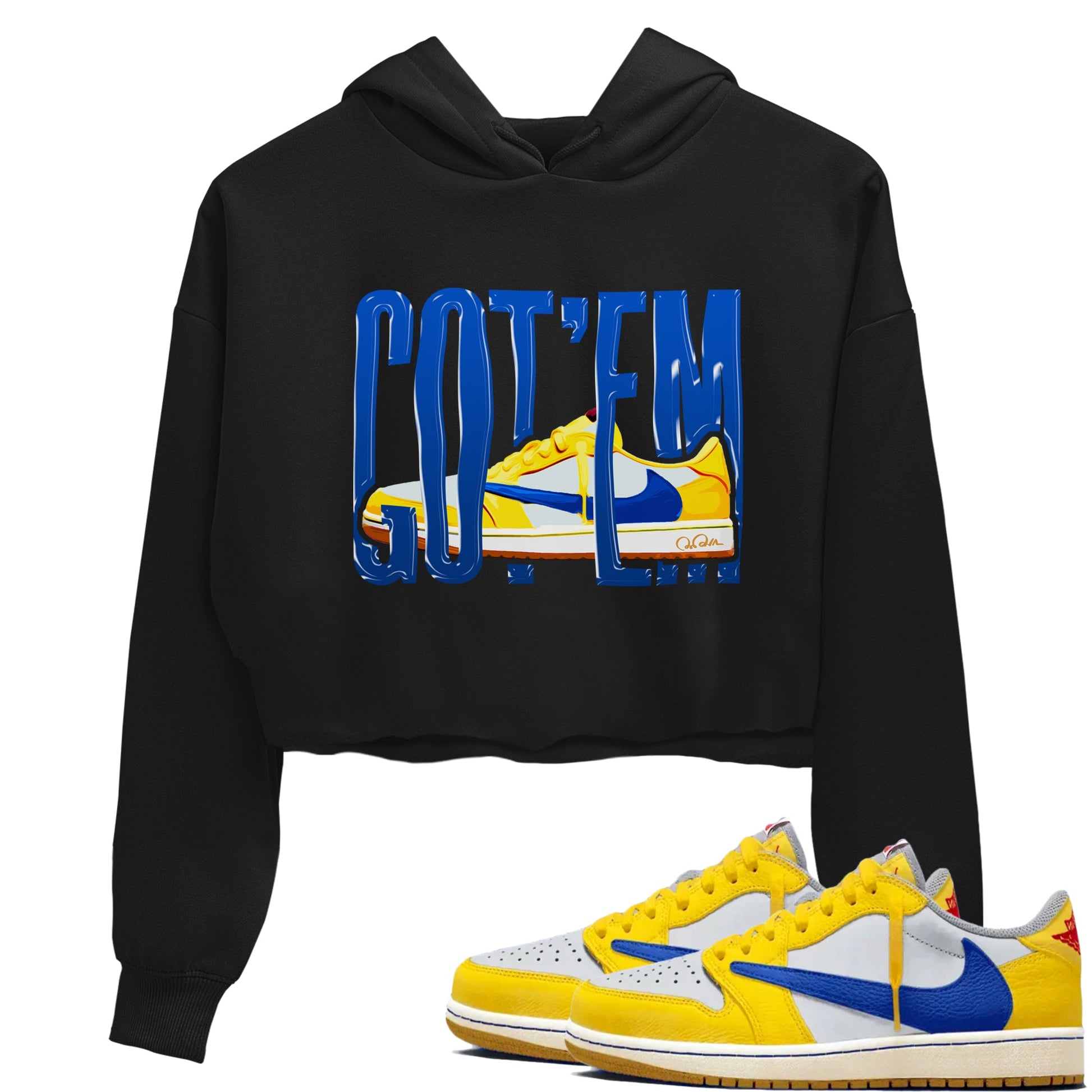 1s Travis Scott Canary shirt to match jordans Wiggling Gotem sneaker tees Air Jordan 1 Travis Scott Canary SNRT Sneaker Release Tees Black 1 crop length shirt