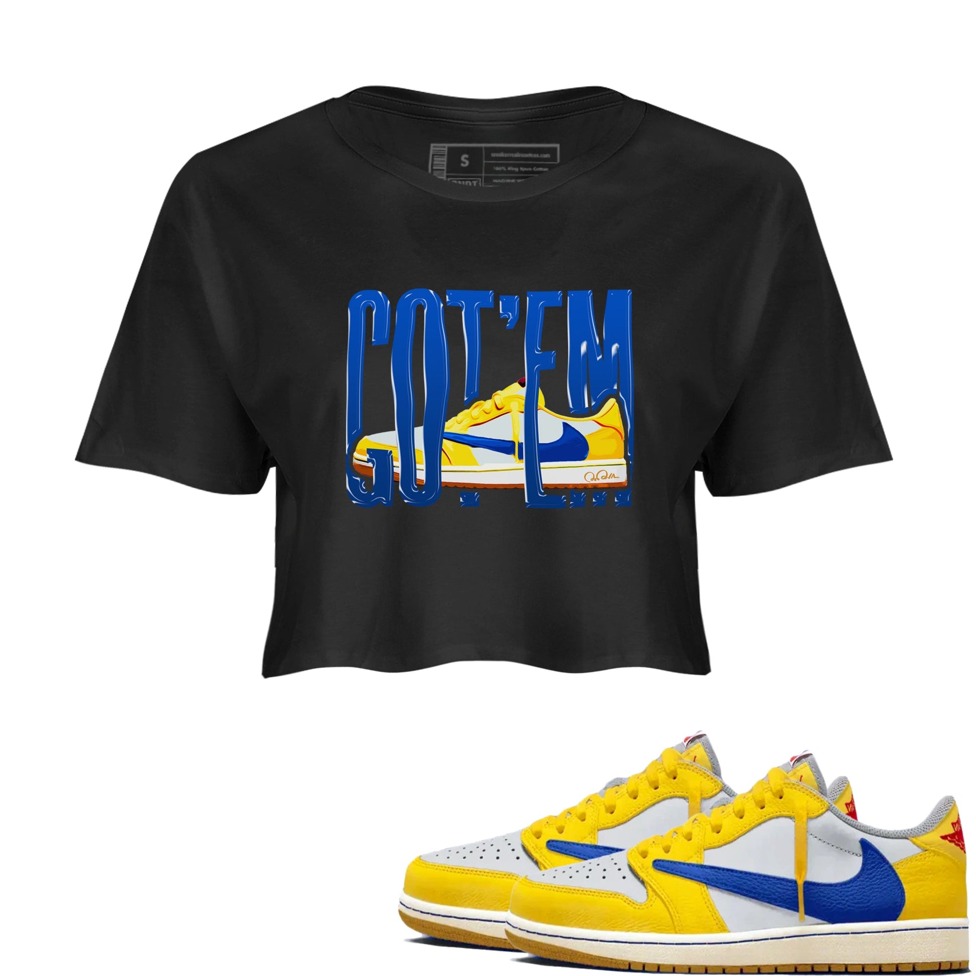 1s Travis Scott Canary shirt to match jordans Wiggling Gotem sneaker tees Air Jordan 1 Travis Scott Canary SNRT Sneaker Release Tees Black 1 crop length shirt
