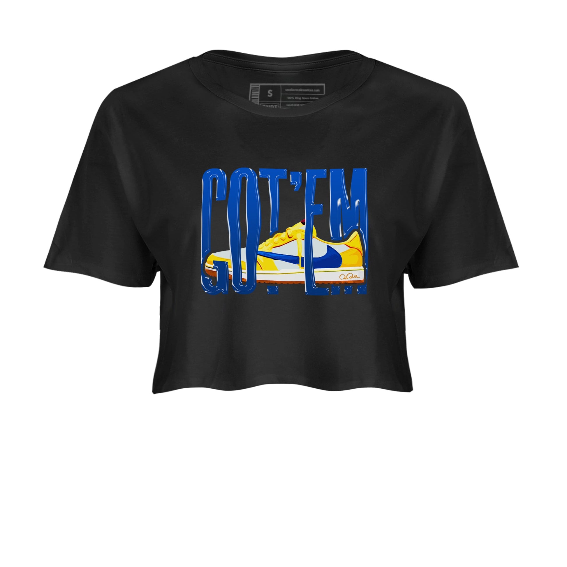 1s Travis Scott Canary shirt to match jordans Wiggling Gotem sneaker tees Air Jordan 1 Travis Scott Canary SNRT Sneaker Release Tees Black 2 crop length shirt