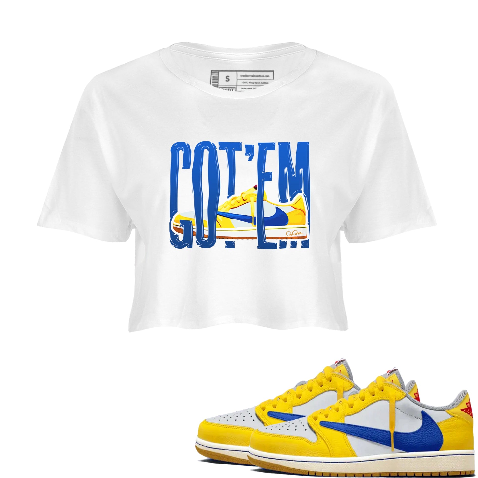1s Travis Scott Canary shirt to match jordans Wiggling Gotem sneaker tees Air Jordan 1 Travis Scott Canary SNRT Sneaker Release Tees White 1 crop length shirt