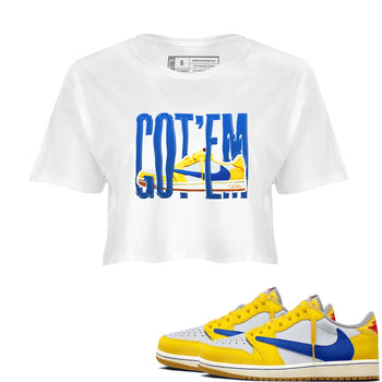 1s Travis Scott Canary shirt to match jordans Wiggling Gotem sneaker tees Air Jordan 1 Travis Scott Canary SNRT Sneaker Release Tees White 1 crop length shirt