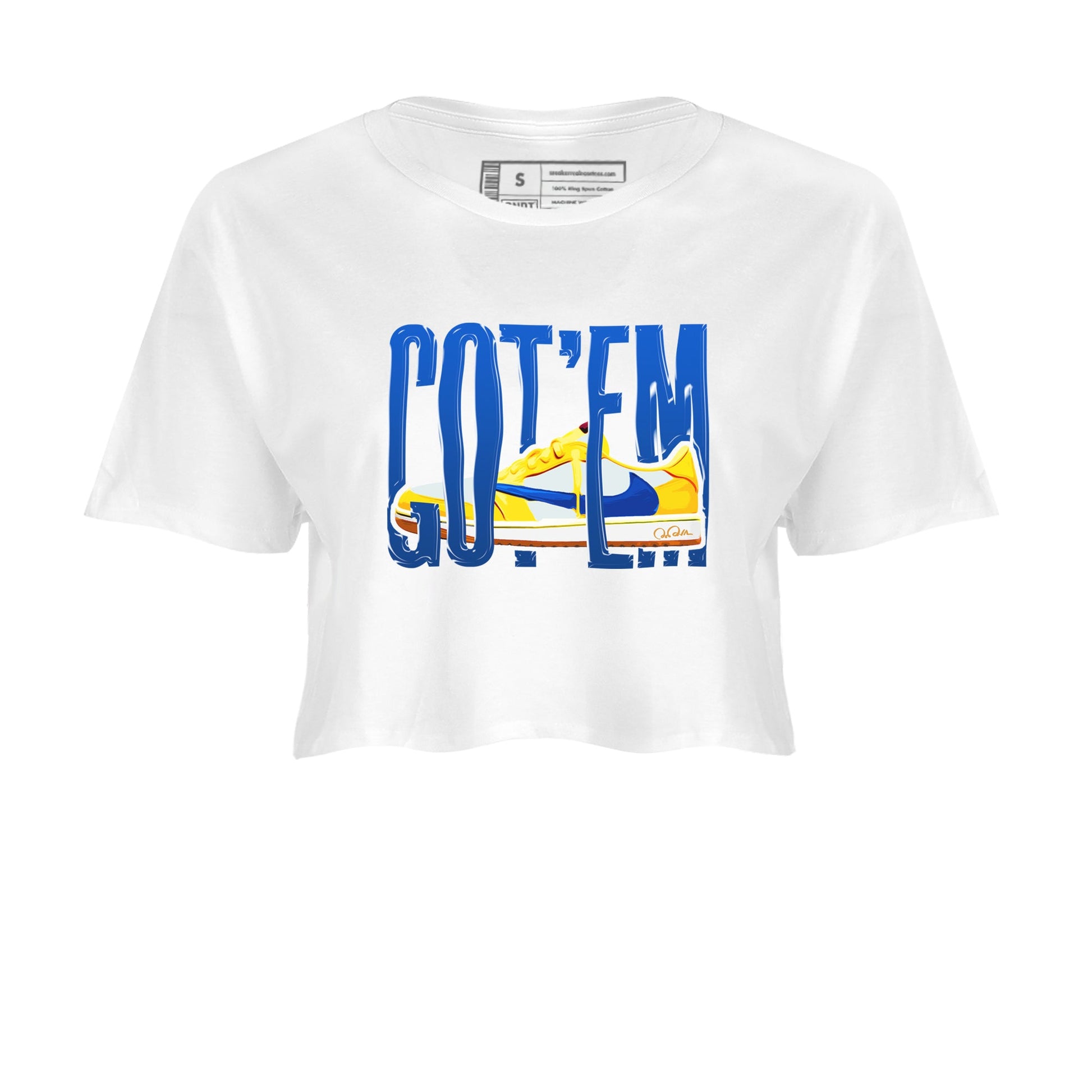 1s Travis Scott Canary shirt to match jordans Wiggling Gotem sneaker tees Air Jordan 1 Travis Scott Canary SNRT Sneaker Release Tees White 2 crop length shirt