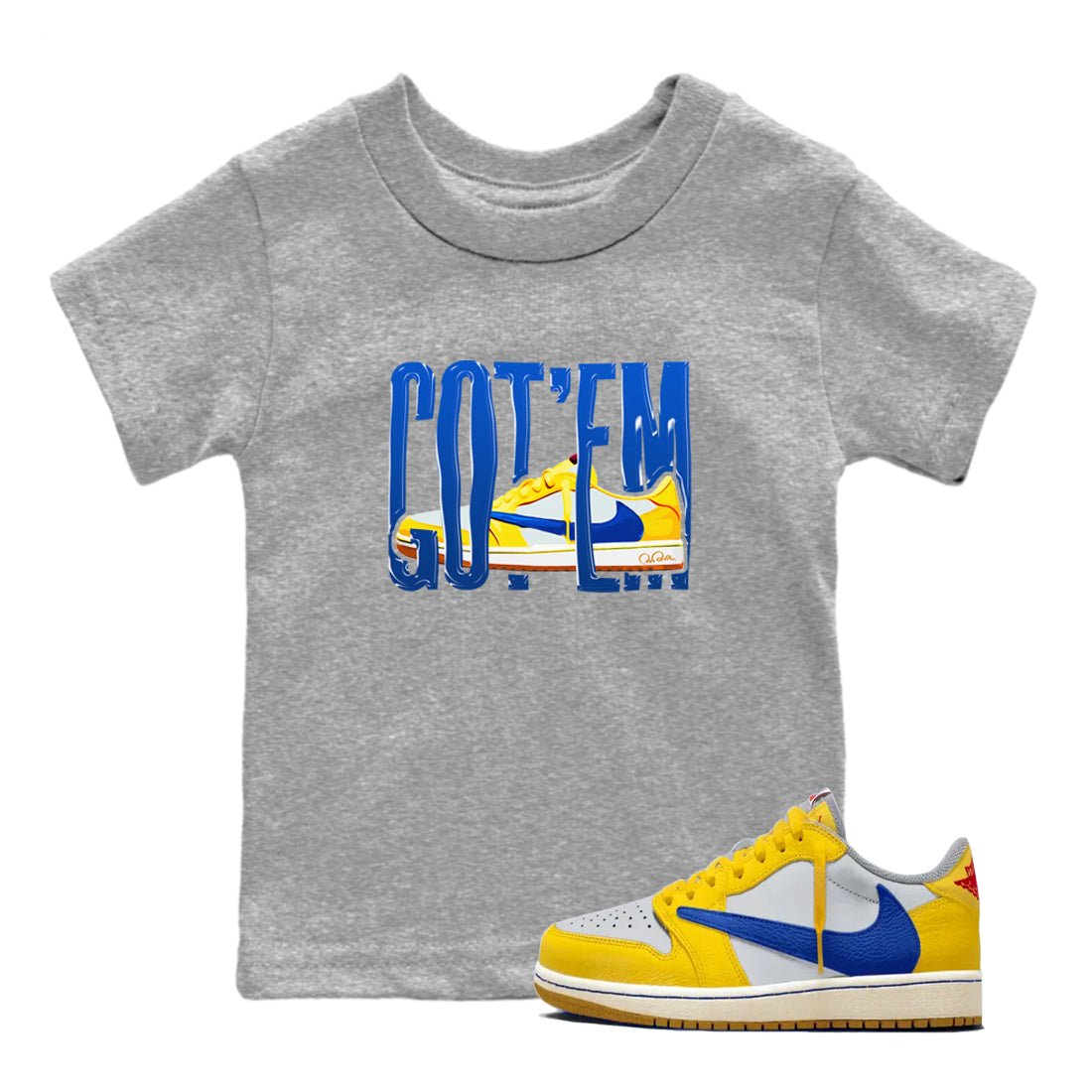 1s Travis Scott Canary shirt to match jordans Wiggling Gotem sneaker tees Air Jordan 1 Travis Scott Canary SNRT sneaker release tees baby toddler Heather Grey 1 cotton Shirt