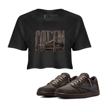 Air Jordan 1 Travis Scott Velvet Brown shirts to match jordans Wiggling Gotem sneaker tees Air Jordan 1 Travis Scott Velvet Brown best t-shirts to wear with jordans SNRT Sneaker Tees unisex cotton Black 1 crop tee
