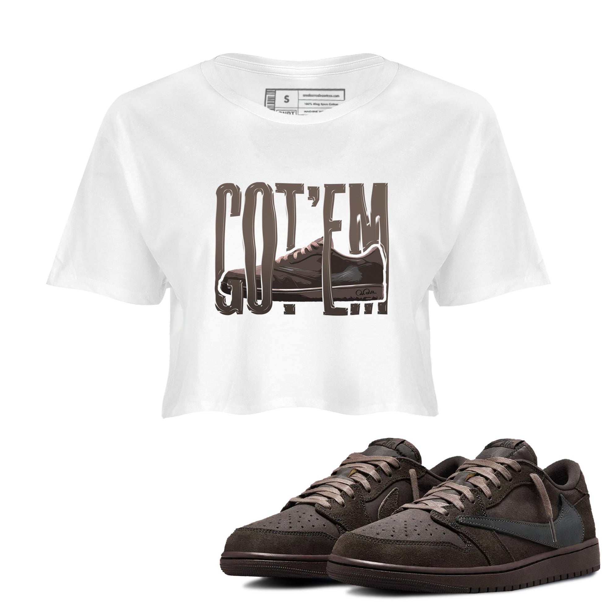 Air Jordan 1 Travis Scott Velvet Brown shirts to match jordans Wiggling Gotem sneaker tees Air Jordan 1 Travis Scott Velvet Brown best t-shirts to wear with jordans SNRT Sneaker Tees unisex cotton White 1 crop tee