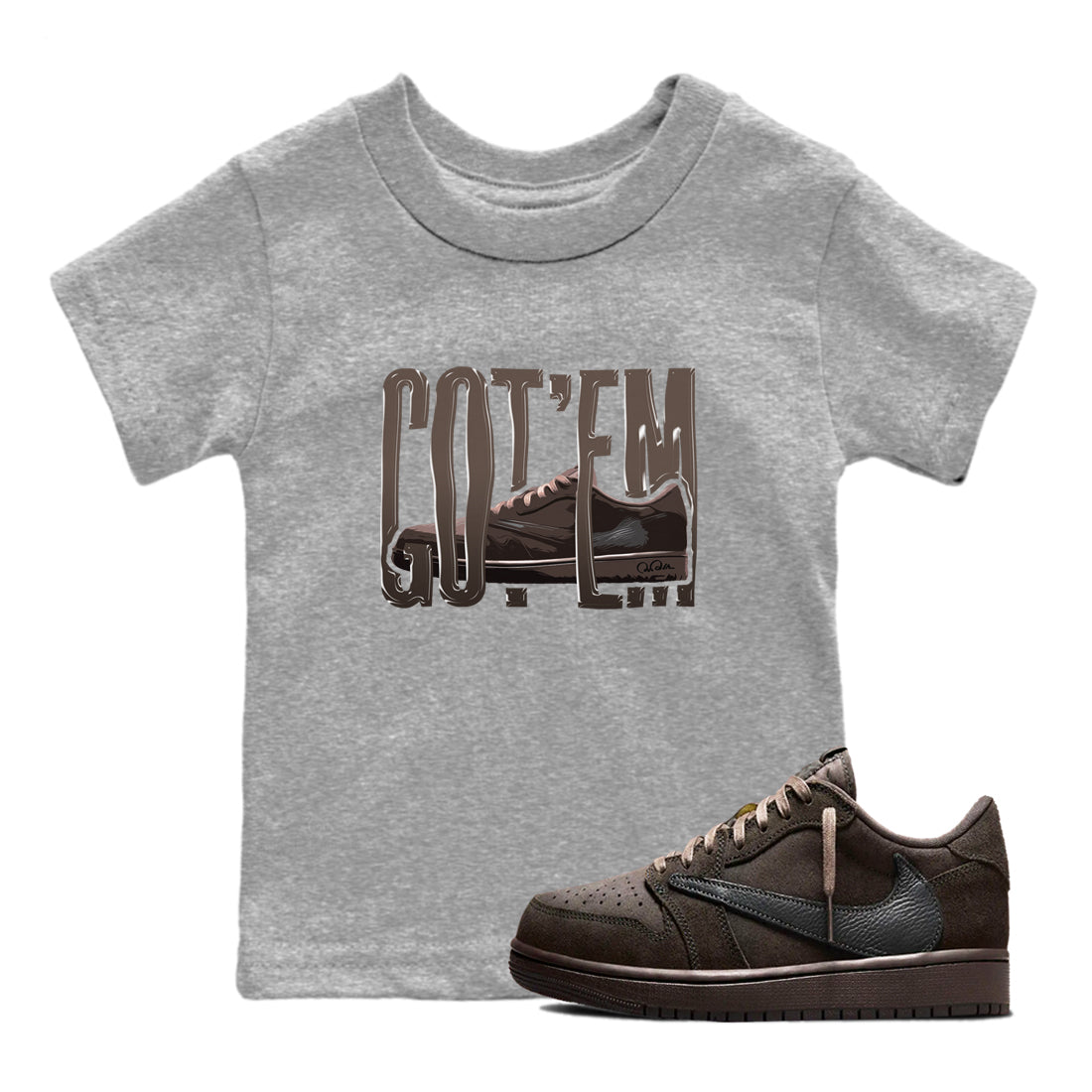 Air Jordan 1 Travis Scott Velvet Brown shirts to match jordans Wiggling Gotem sneaker tees Air Jordan 1 Travis Scott Velvet Brown best t-shirts to wear with jordans SNRT Sneaker Tees Youth Baby Heather Grey 1 tee