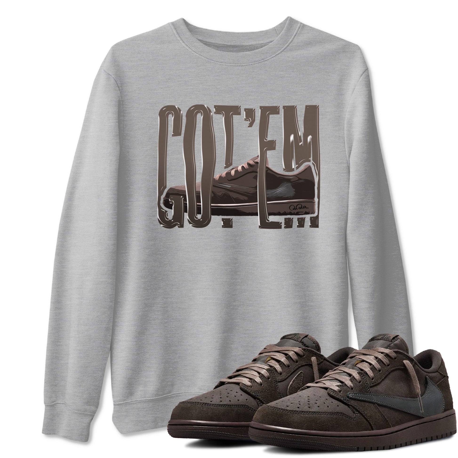 Air Jordan 1 Travis Scott Velvet Brown shirts to match jordans Wiggling Gotem sneaker tees Air Jordan 1 Travis Scott Velvet Brown best t-shirts to wear with jordans SNRT Sneaker Tees unisex cotton Heather Grey 1 shirts