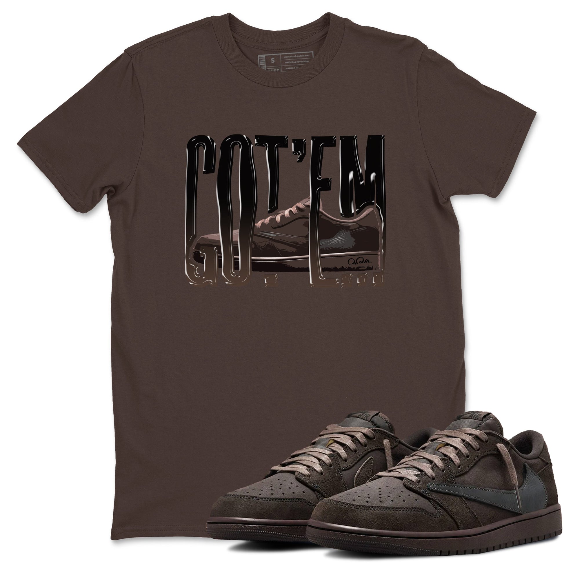 Air Jordan 1 Travis Scott Velvet Brown shirts to match jordans Wiggling Gotem sneaker tees Air Jordan 1 Travis Scott Velvet Brown best t-shirts to wear with jordans SNRT Sneaker Tees unisex cotton Dark Chocolate 1 shirts