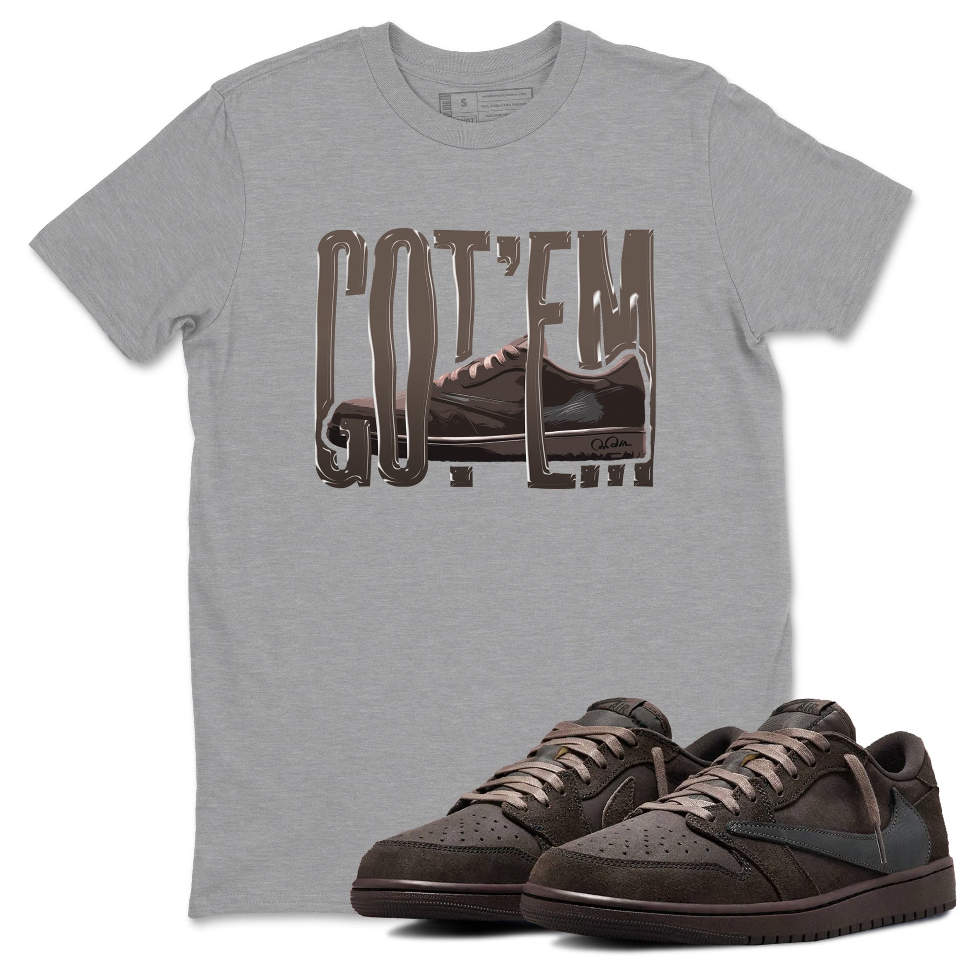 Air Jordan 1 Travis Scott Velvet Brown shirts to match jordans Wiggling Gotem sneaker tees Air Jordan 1 Travis Scott Velvet Brown best t-shirts to wear with jordans SNRT Sneaker Tees unisex cotton Heather Grey 1 shirts
