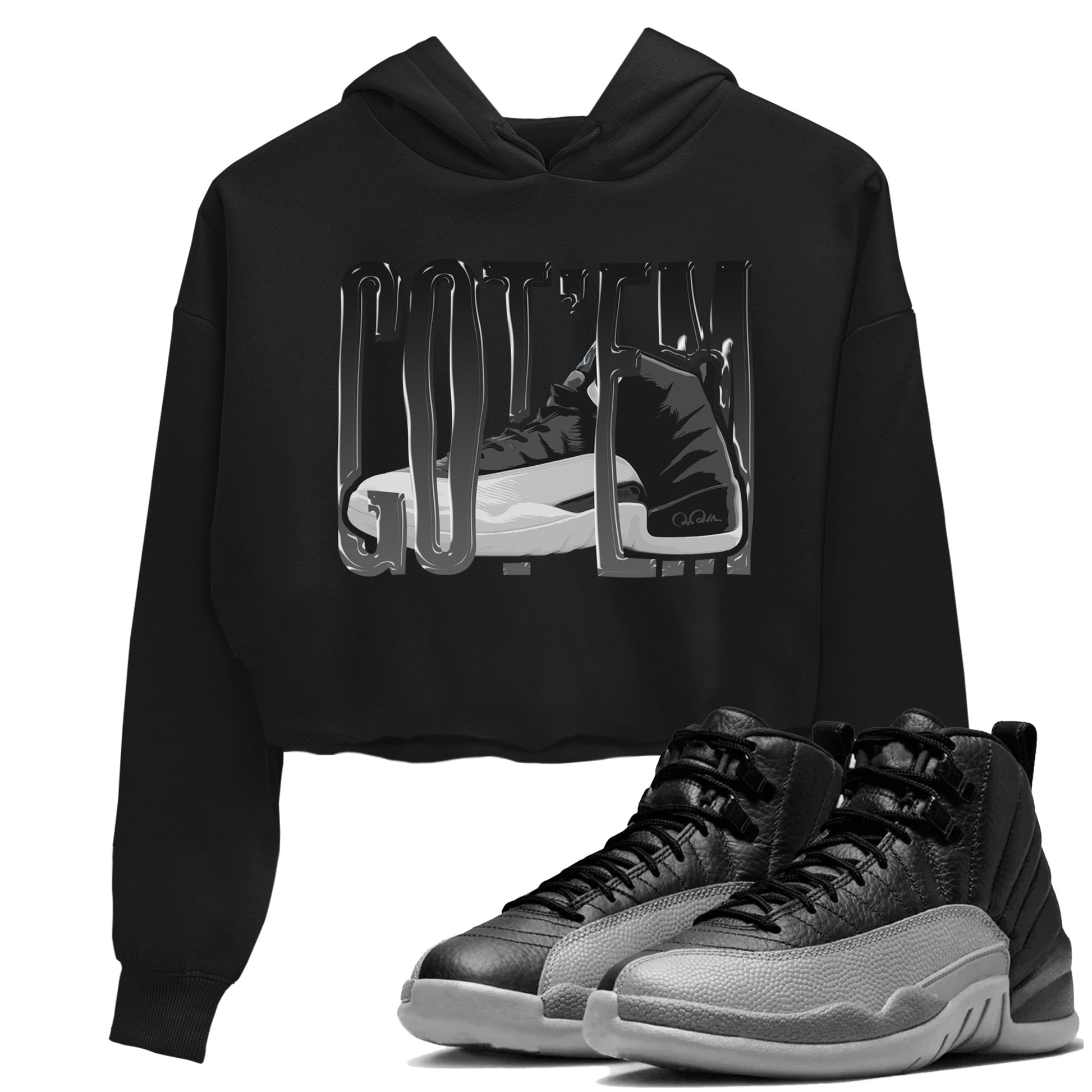 12s Black Wolf Grey shirts to match jordans Wiggling Gotem sneaker match tees Air Jordan 12 Barons match shoes to clothes SNRT Sneaker Tees unisex cotton Black 1 crop tee