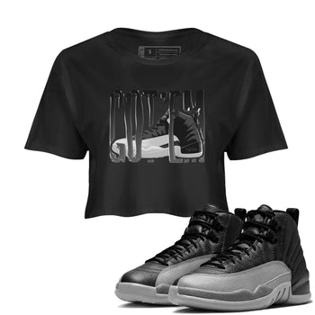 12s Black Wolf Grey shirts to match jordans Wiggling Gotem sneaker match tees Air Jordan 12 Barons match shoes to clothes SNRT Sneaker Tees unisex cotton Black 1 crop tee