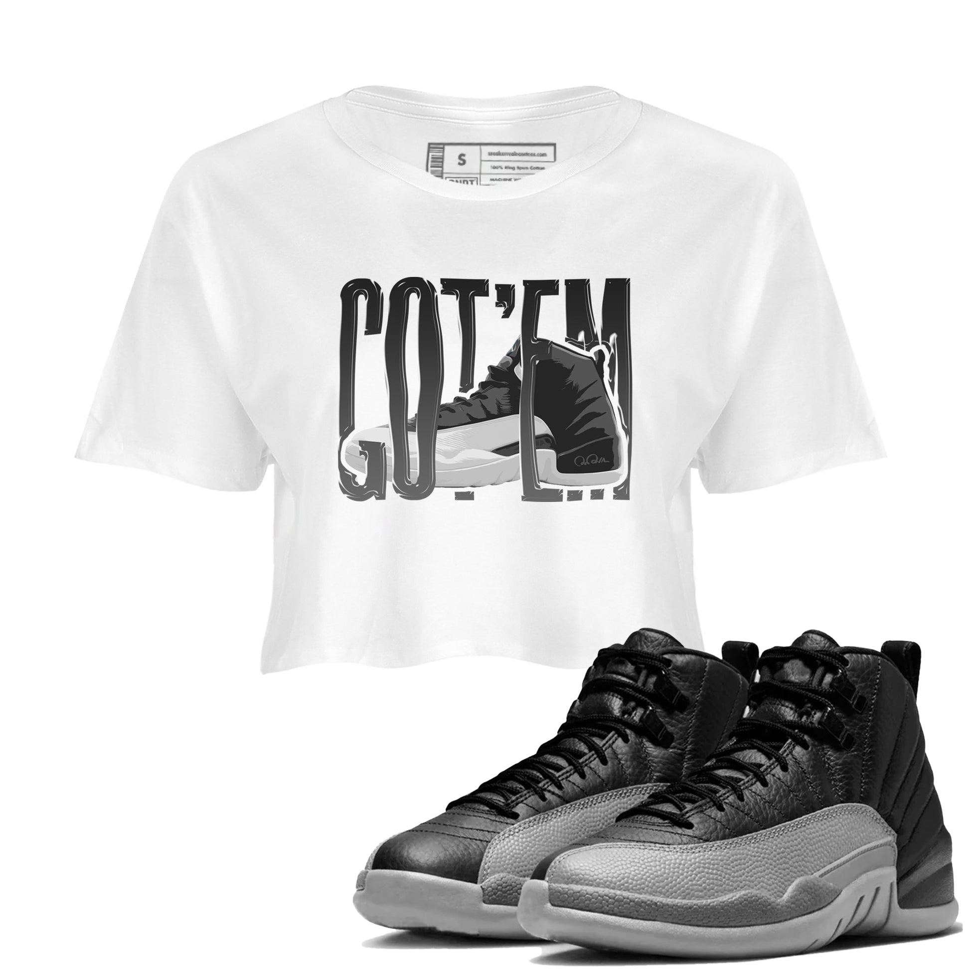 12s Black Wolf Grey shirts to match jordans Wiggling Gotem sneaker match tees Air Jordan 12 Barons match shoes to clothes SNRT Sneaker Tees unisex cotton White 1 crop tee