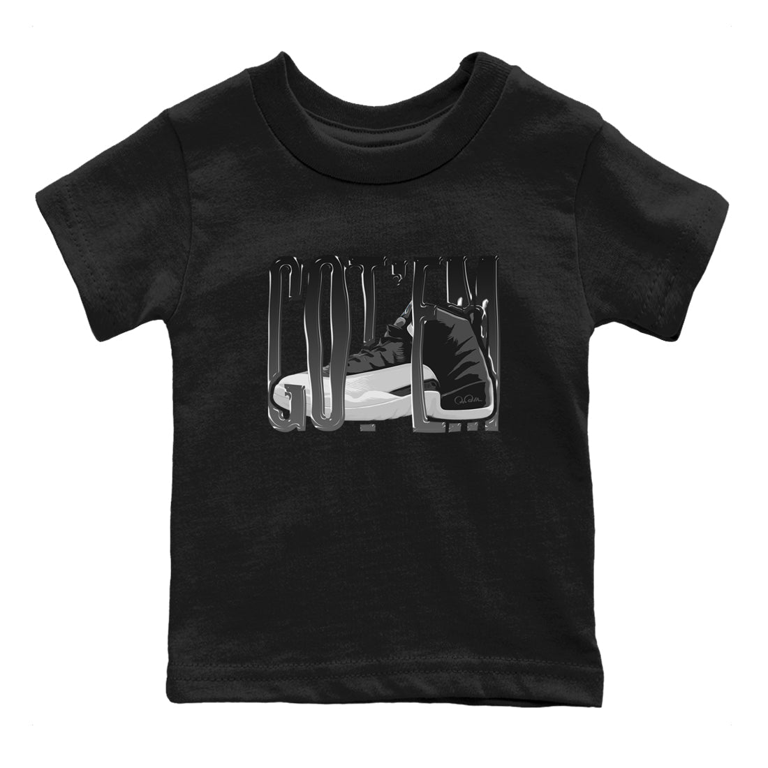 12s Black Wolf Grey shirts to match jordans Wiggling Gotem sneaker match tees Air Jordan 12 Barons match shoes to clothes SNRT Sneaker Tees Youth Baby Black 2 tee