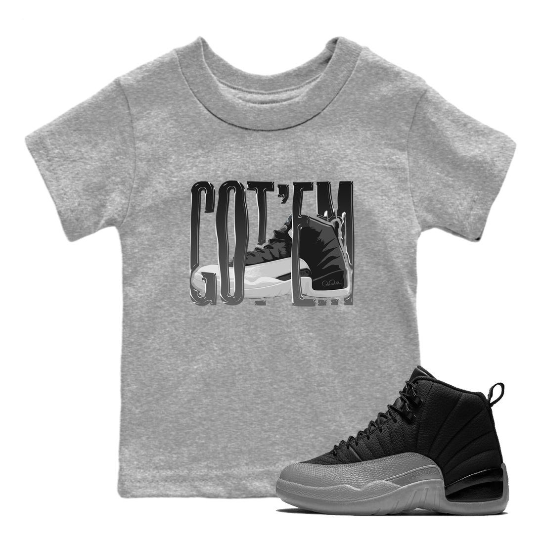 12s Black Wolf Grey shirts to match jordans Wiggling Gotem sneaker match tees Air Jordan 12 Barons match shoes to clothes SNRT Sneaker Tees Youth Baby Heather Grey 1 tee