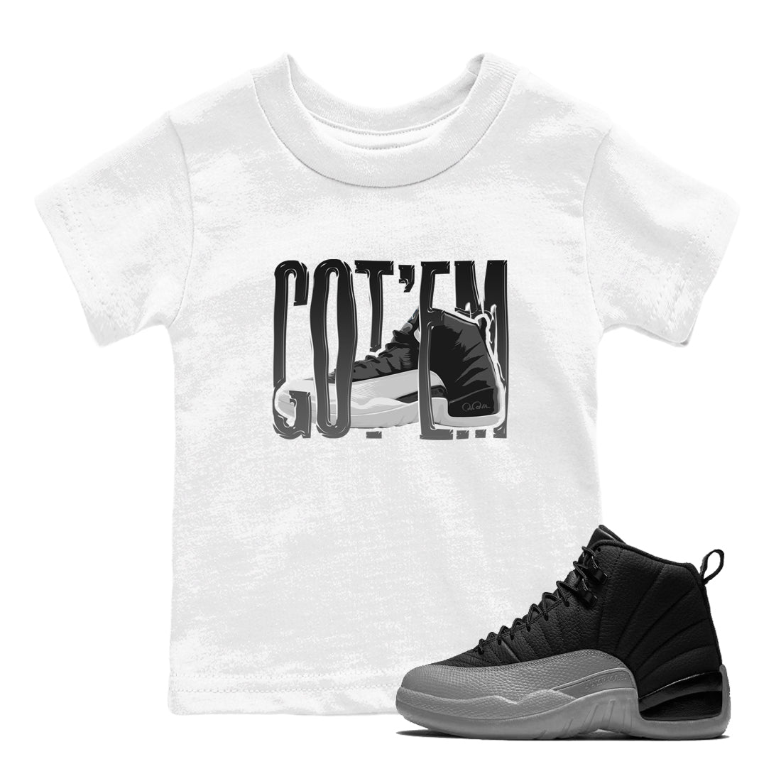 12s Black Wolf Grey shirts to match jordans Wiggling Gotem sneaker match tees Air Jordan 12 Barons match shoes to clothes SNRT Sneaker Tees Youth Baby White 1 tee
