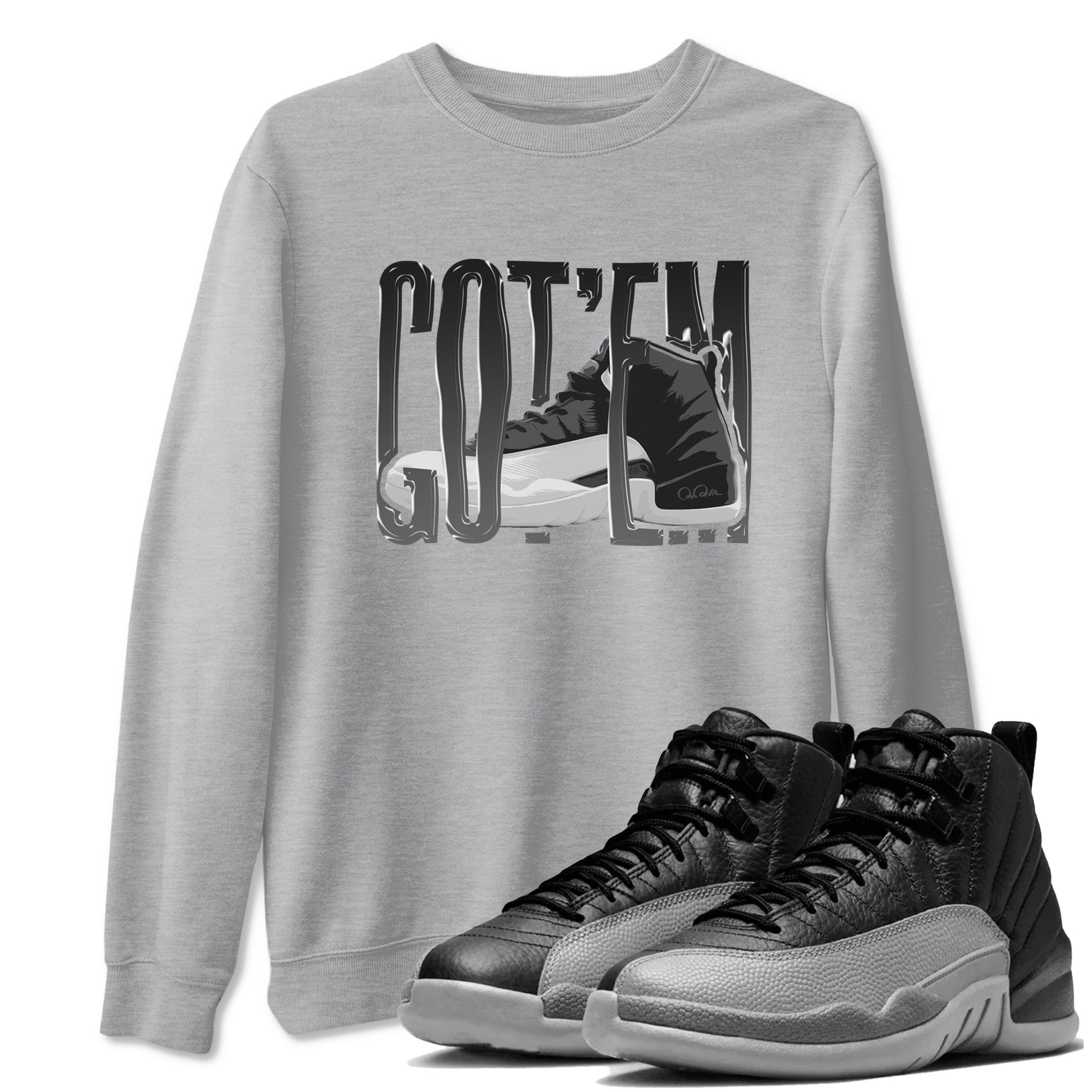 12s Black Wolf Grey shirts to match jordans Wiggling Gotem sneaker match tees Air Jordan 12 Barons match shoes to clothes SNRT Sneaker Tees unisex cotton Heather Grey 1 shirts