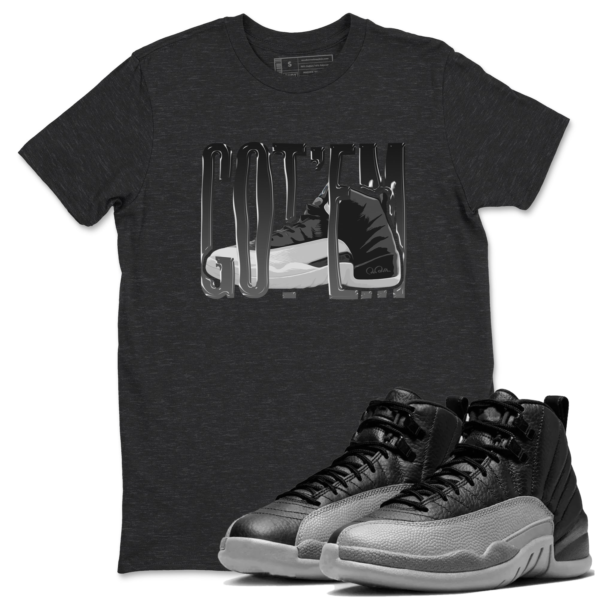 12s Black Wolf Grey shirts to match jordans Wiggling Gotem sneaker match tees Air Jordan 12 Barons match shoes to clothes SNRT Sneaker Tees unisex cotton Charcoal Heather 1 shirts