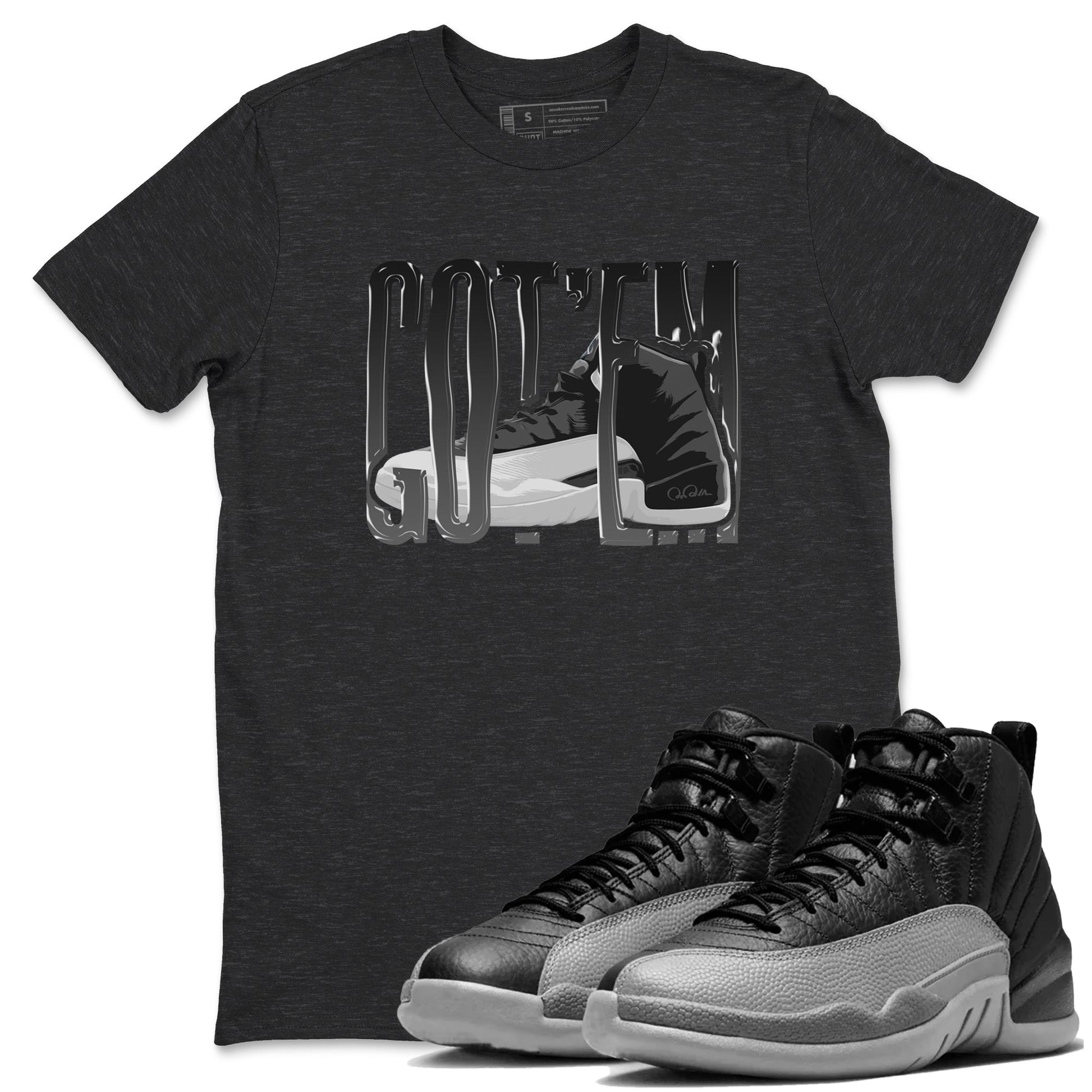 12s Black Wolf Grey shirts to match jordans Wiggling Gotem sneaker match tees Air Jordan 12 Barons match shoes to clothes SNRT Sneaker Tees unisex cotton Charcoal Heather 1 shirts