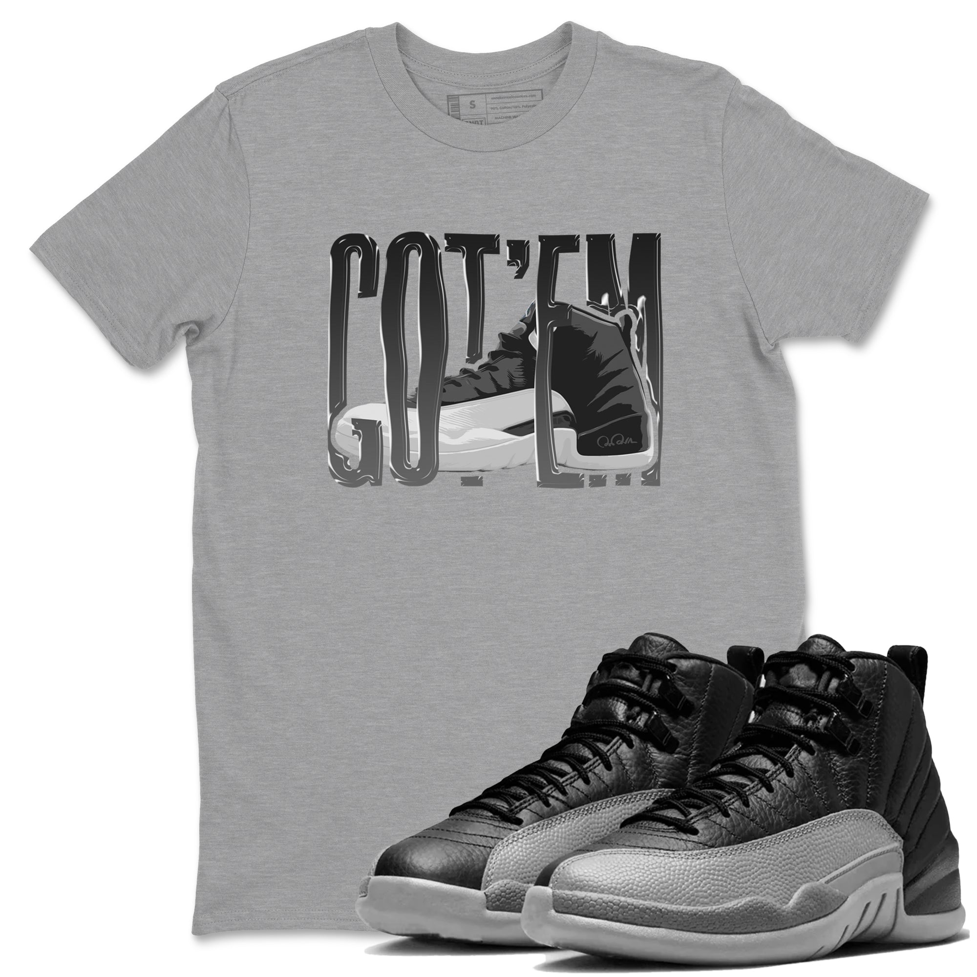 12s Black Wolf Grey shirts to match jordans Wiggling Gotem sneaker match tees Air Jordan 12 Barons match shoes to clothes SNRT Sneaker Tees unisex cotton Heather Grey 1 shirts
