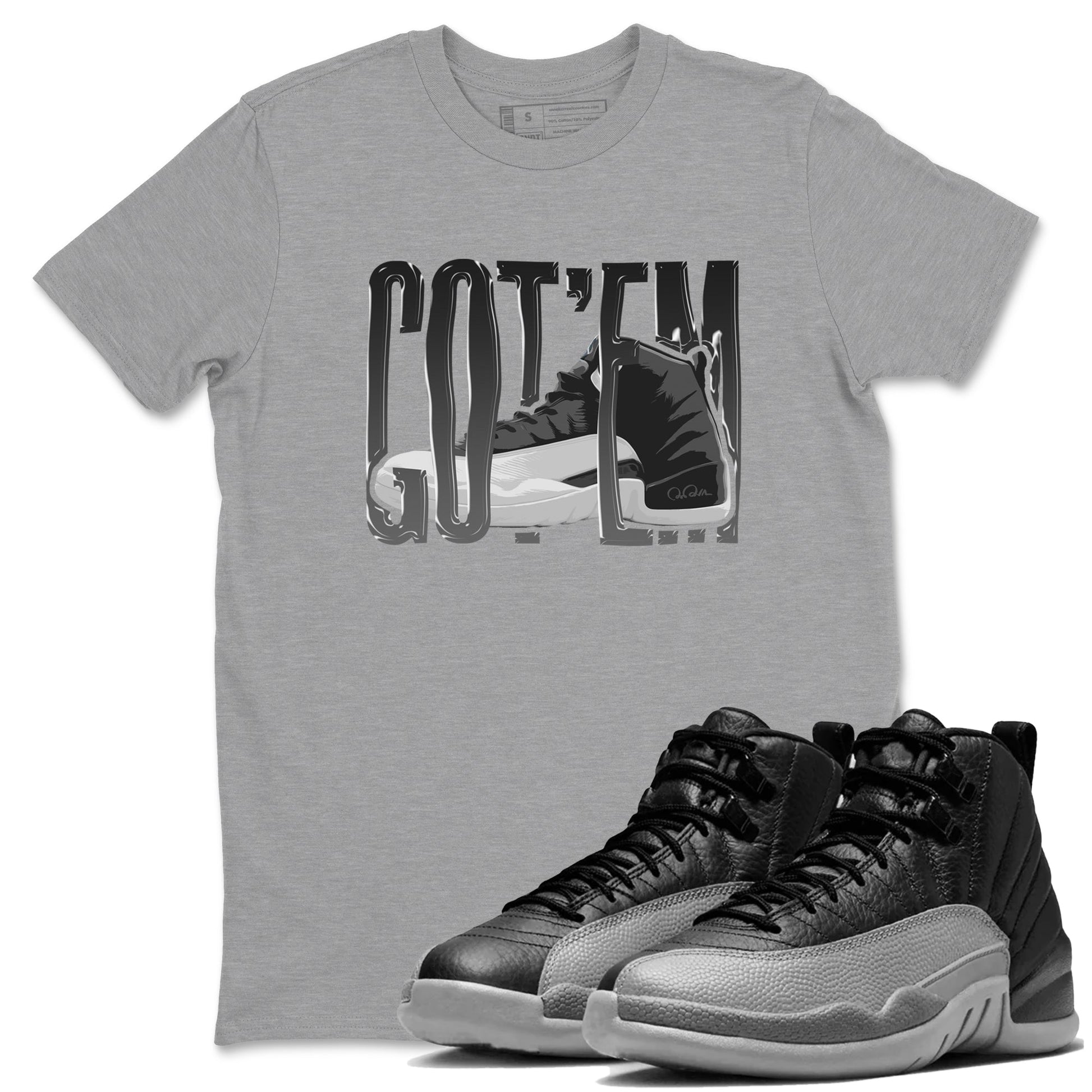 12s Black Wolf Grey shirts to match jordans Wiggling Gotem sneaker match tees Air Jordan 12 Barons match shoes to clothes SNRT Sneaker Tees unisex cotton Heather Grey 1 shirts