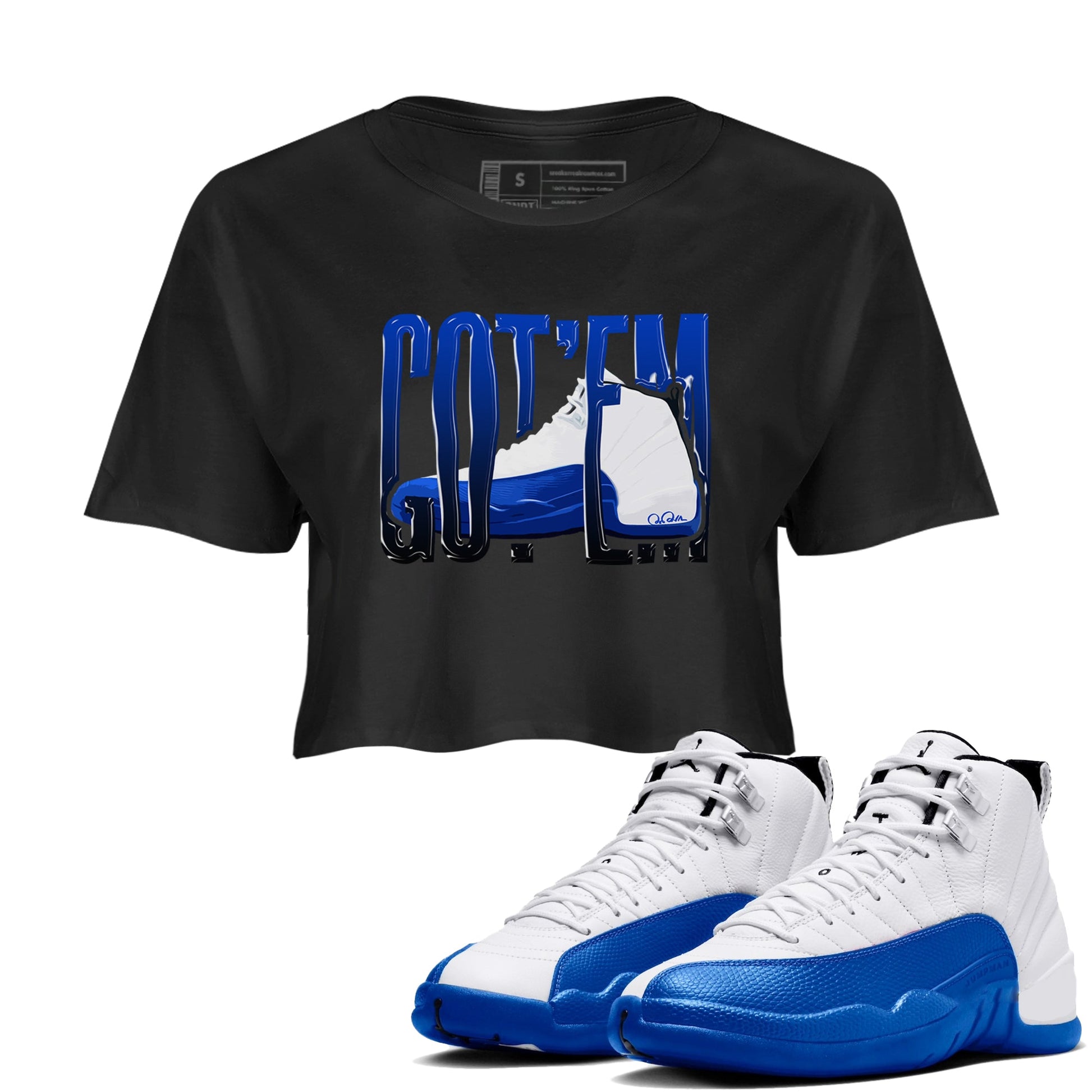 12s Blueberry shirts to match jordans Wiggling Gotem best t shirts to wear with jordans AJ12 White and Game Royal match shoes to clothes SNRT Sneaker Tees unisex cotton Black 1 crop tee
