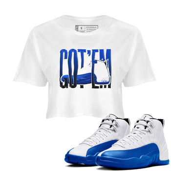 12s Blueberry shirts to match jordans Wiggling Gotem best t shirts to wear with jordans AJ12 White and Game Royal match shoes to clothes SNRT Sneaker Tees unisex cotton White 1 crop tee