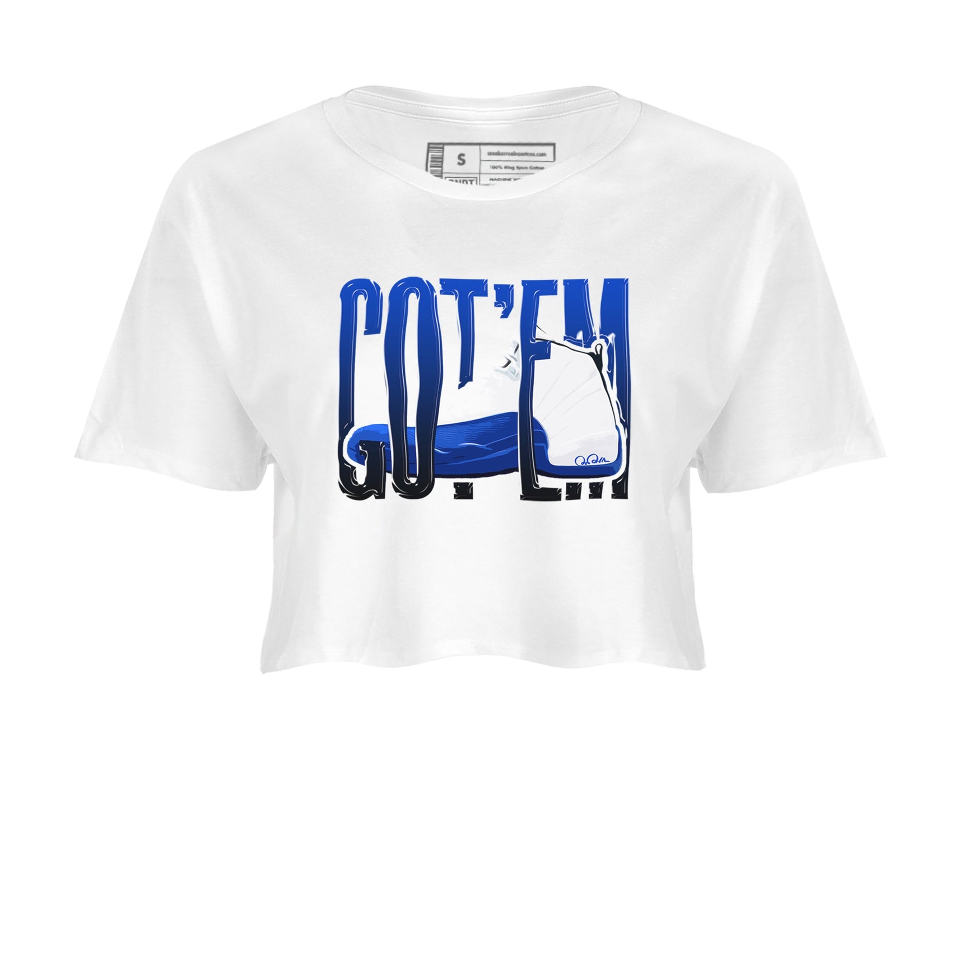 12s Blueberry shirts to match jordans Wiggling Gotem best t shirts to wear with jordans AJ12 White and Game Royal match shoes to clothes SNRT Sneaker Tees unisex cotton White 2 crop tee