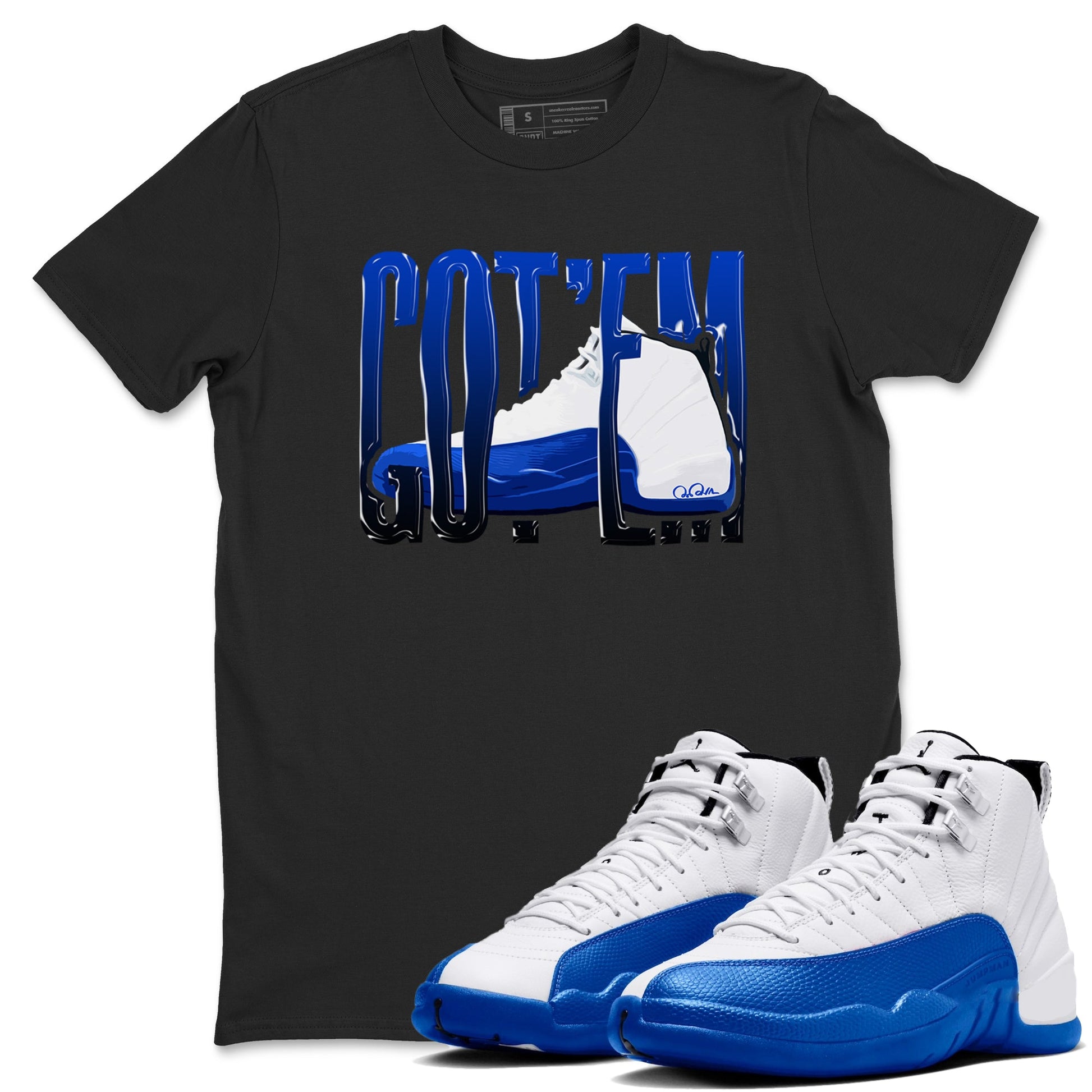 12s Blueberry shirts to match jordans Wiggling Gotem best t shirts to wear with jordans AJ12 White and Game Royal match shoes to clothes SNRT Sneaker Tees unisex cotton Black 1 shirts