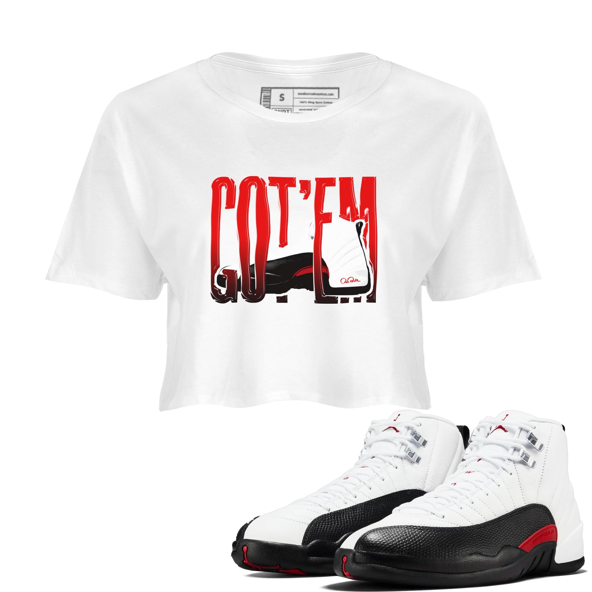 12s Taxi Flip shirts to match jordans Wiggling Gotem sneaker match tees Air Jordan 12 Taxi Flip SNRT Sneaker Tees streetwear brand White 1 crop tee