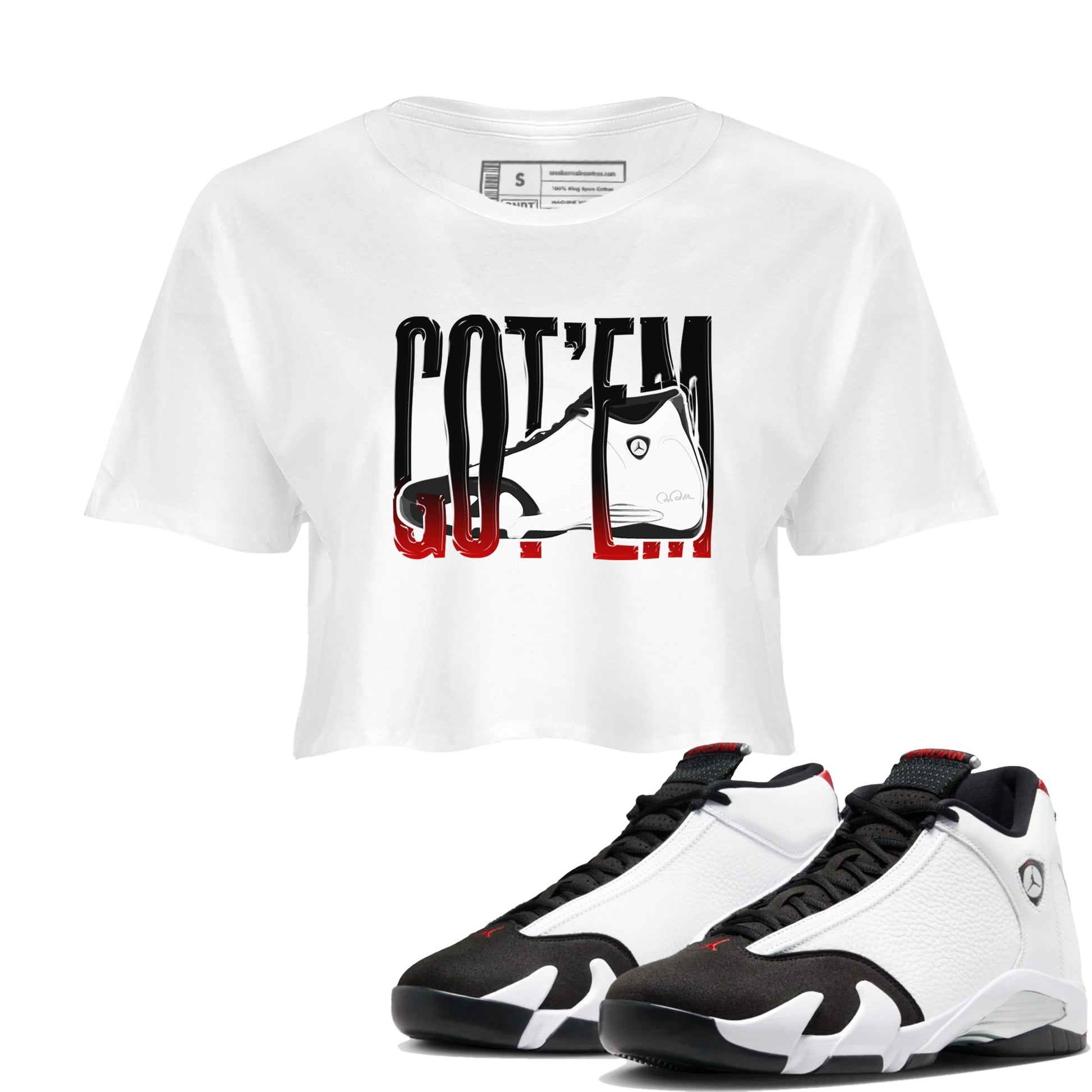 14s Black Toe shirts to match jordans Wiggling Gotem graphic tees Air Jordan 14 Black Toe t shirts to match sneakers SNRT Sneaker Tees unisex cotton White 1 crop tee