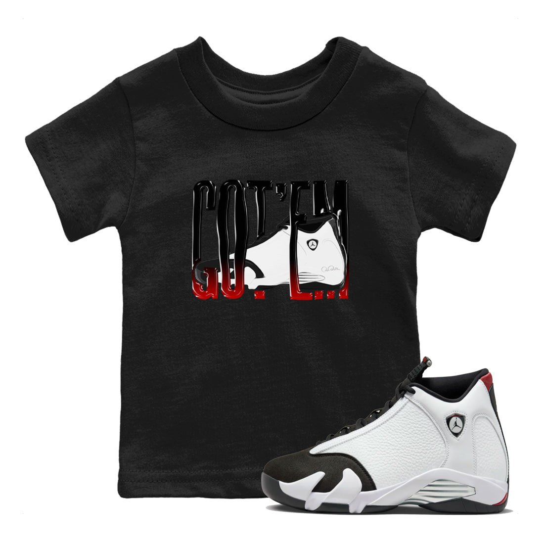 14s Black Toe shirts to match jordans Wiggling Gotem graphic tees Air Jordan 14 Black Toe t shirts to match sneakers SNRT Sneaker Tees Youth Baby Black 1 tee