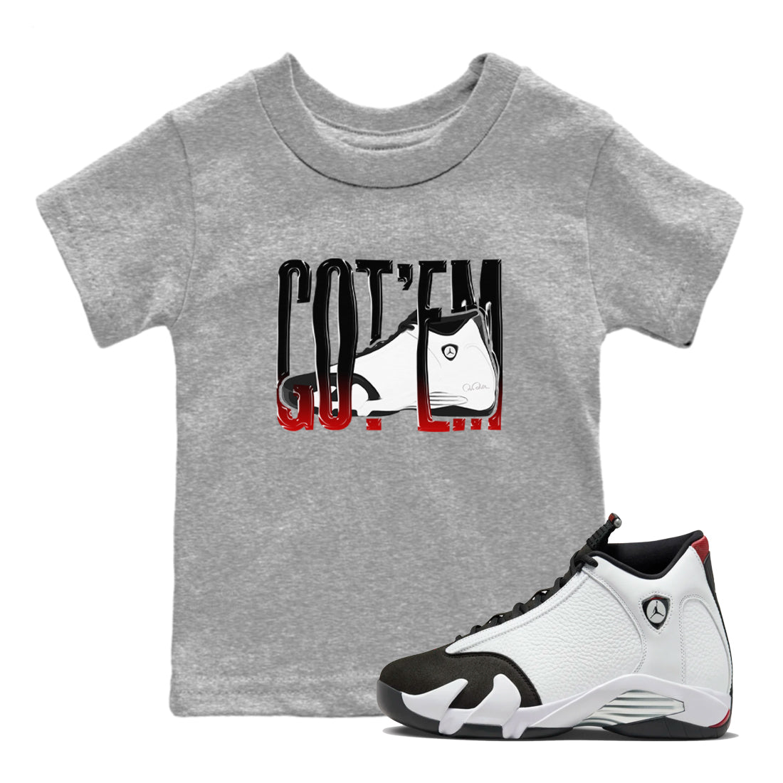 14s Black Toe shirts to match jordans Wiggling Gotem graphic tees Air Jordan 14 Black Toe t shirts to match sneakers SNRT Sneaker Tees Youth Baby Heather Grey 1 tee