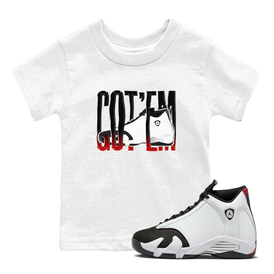 14s Black Toe shirts to match jordans Wiggling Gotem graphic tees Air Jordan 14 Black Toe t shirts to match sneakers SNRT Sneaker Tees Youth Baby White 1 tee