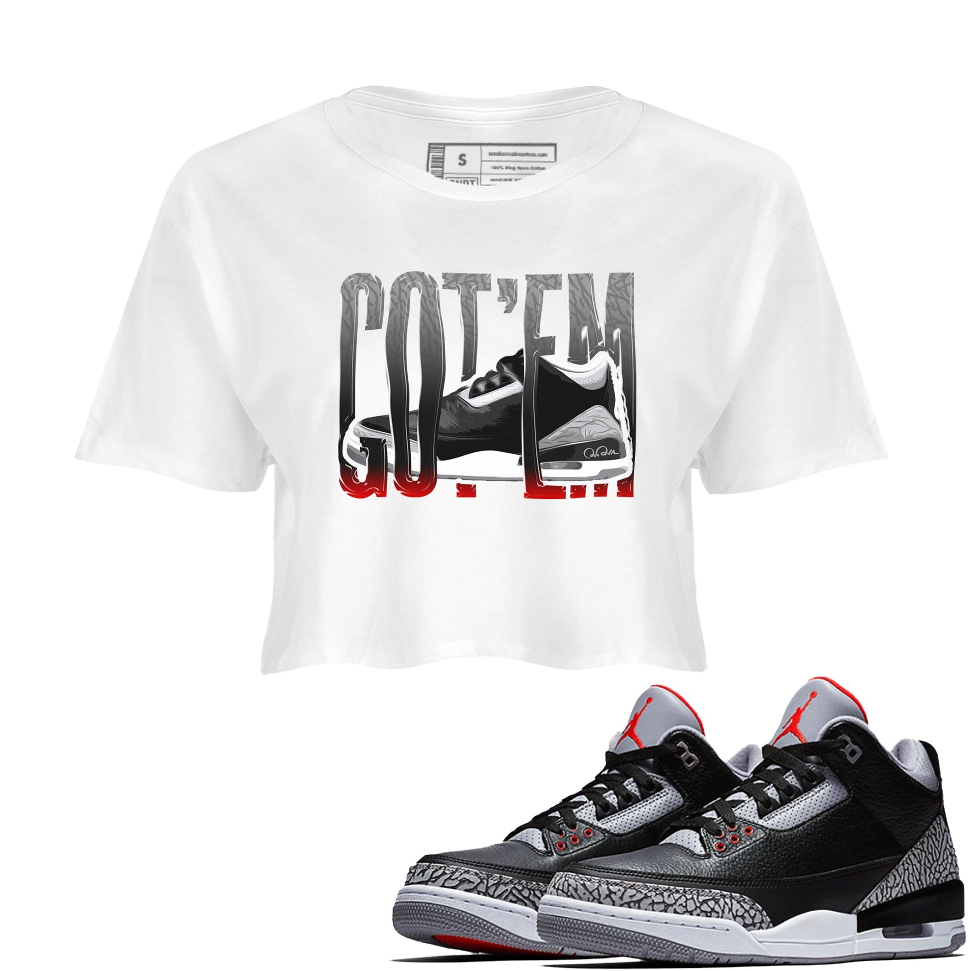 3s Black Cement shirts to match jordans Wiggling Gotem sneaker match tees Air Jordan 3 Black Cement match shoes to clothes SNRT Sneaker Tees unisex cotton White 1 crop tee