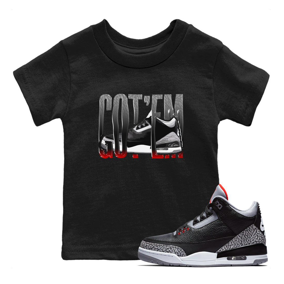 3s Black Cement shirts to match jordans Wiggling Gotem sneaker match tees Air Jordan 3 Black Cement match shoes to clothes SNRT Sneaker Tees Youth Baby Black 1 tee