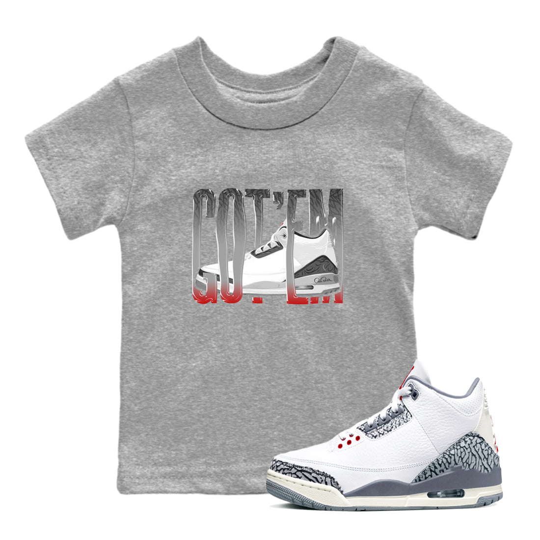 3s Cement Grey shirts to match jordans Wiggling Gotem sneaker match tees Air Jordan 3 Cement Grey SNRT Sneaker Release Tees Youth Baby Heather Grey 1 crew neck shirts