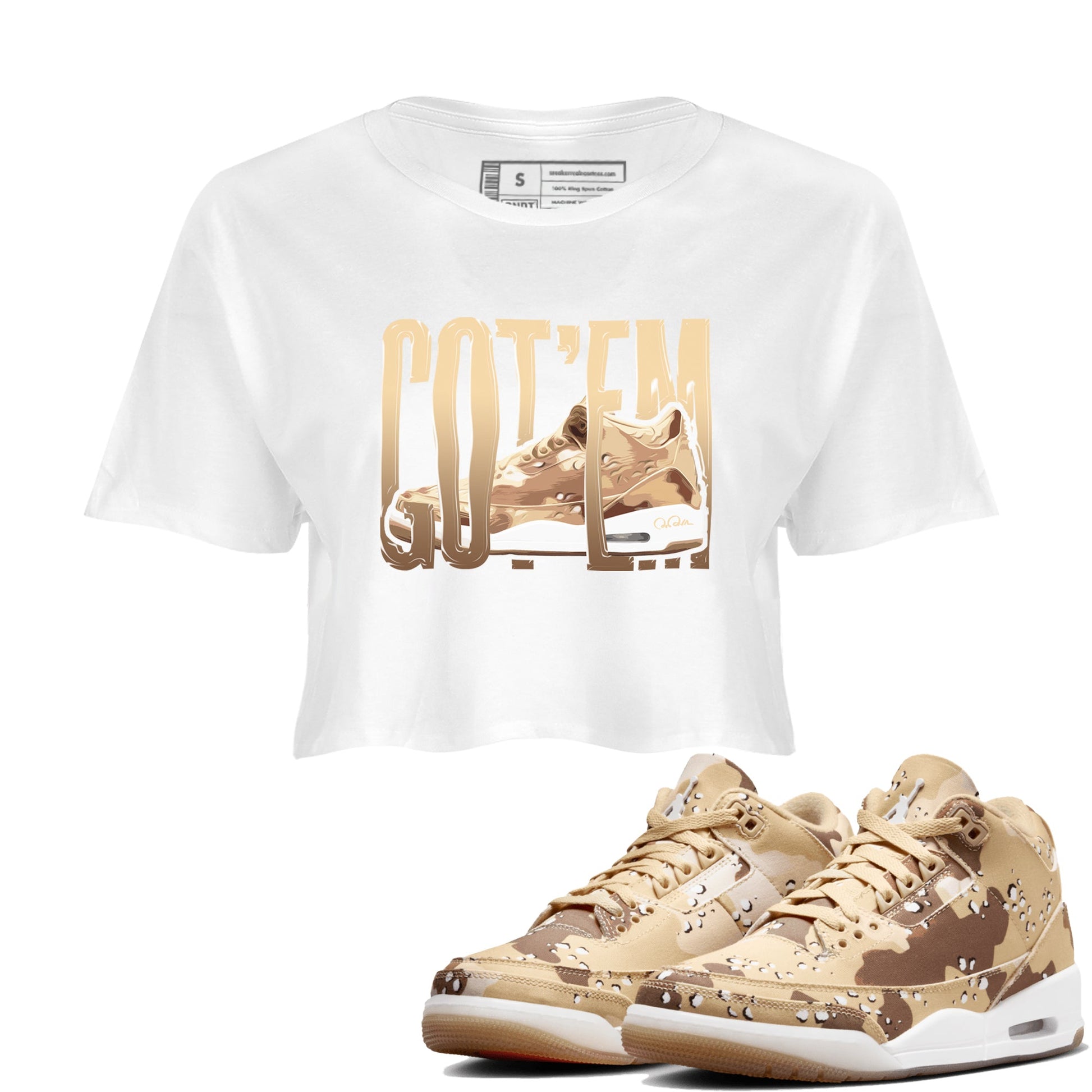 AJ3 Desert Camo shirts to match jordans Wiggling Gotem sneaker match tees Air Jordan 3 Desert Camo SNRT Sneaker Tees streetwear brand White 1 crop tee