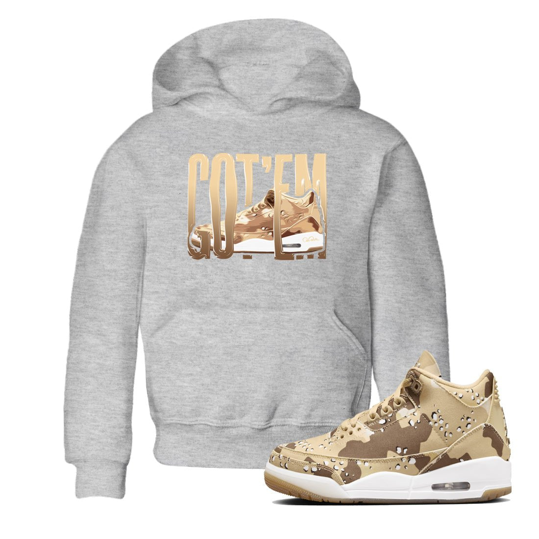 AJ3 Desert Camo shirts to match jordans Wiggling Gotem sneaker match tees Air Jordan 3 Desert Camo SNRT Sneaker Tees streetwear brand Baby and Youth Heather Grey 1 cotton tee