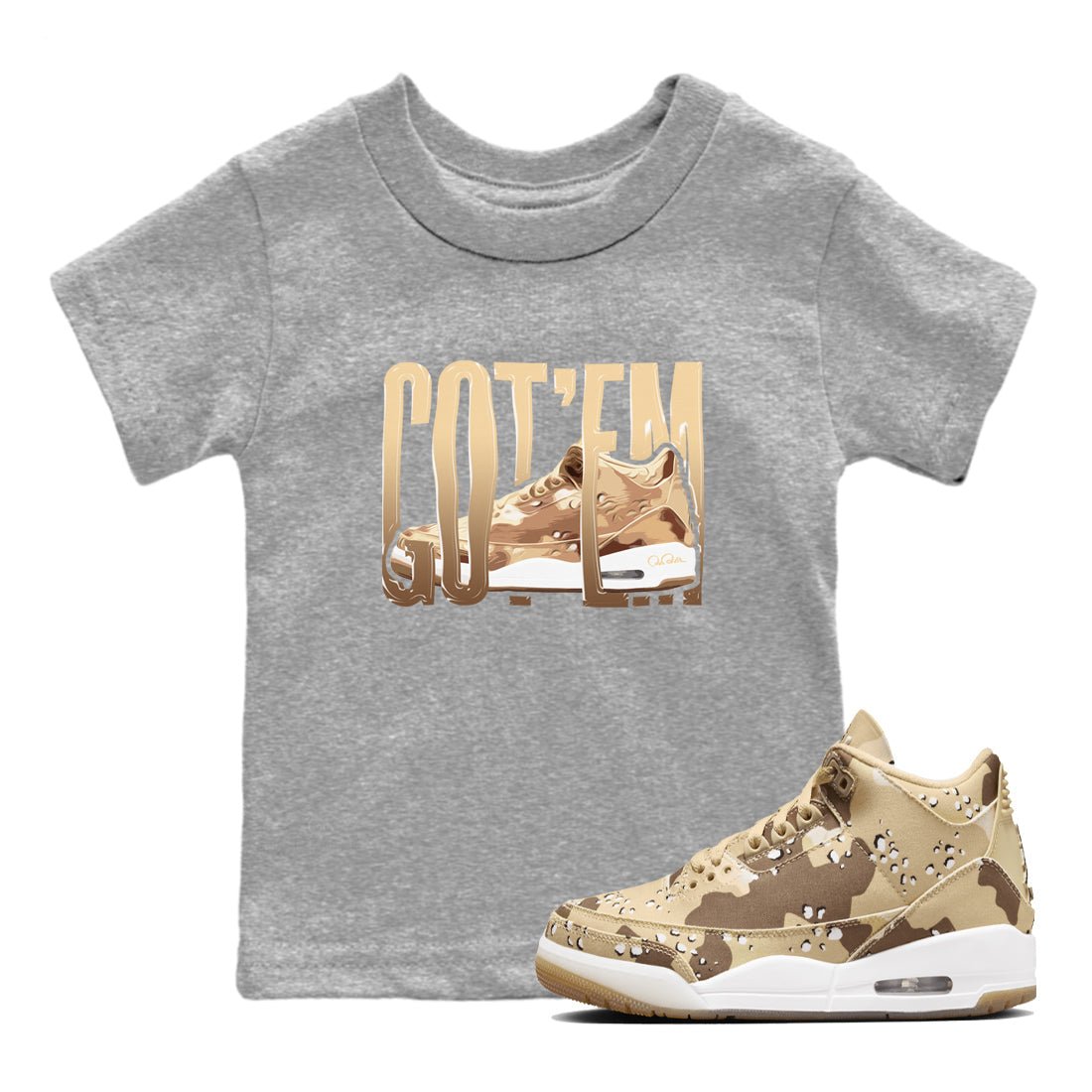 AJ3 Desert Camo shirts to match jordans Wiggling Gotem sneaker match tees Air Jordan 3 Desert Camo SNRT Sneaker Tees streetwear brand Baby and Youth Heather Grey 1 cotton tee