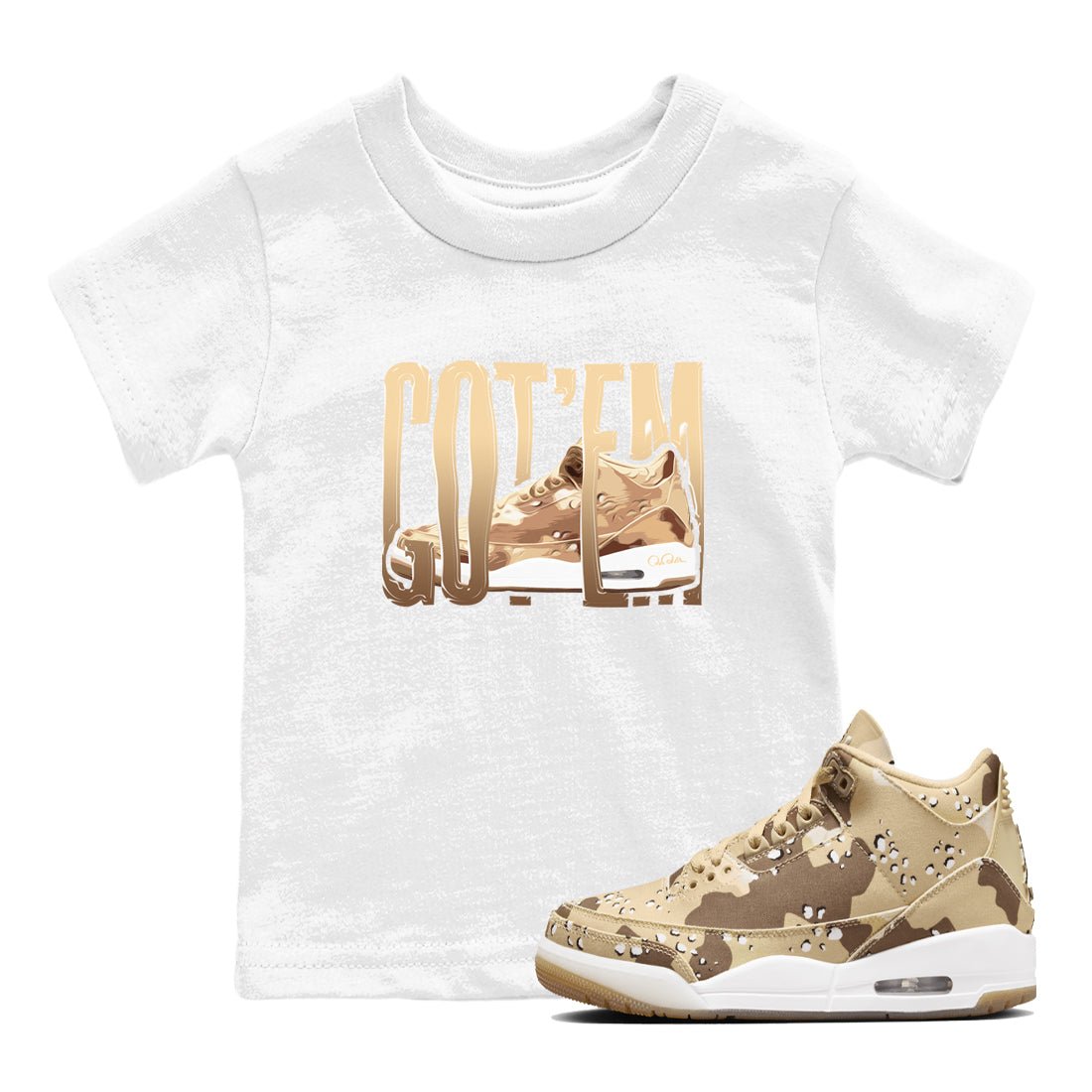 AJ3 Desert Camo shirts to match jordans Wiggling Gotem sneaker match tees Air Jordan 3 Desert Camo SNRT Sneaker Tees streetwear brand Baby and Youth White 1 cotton tee