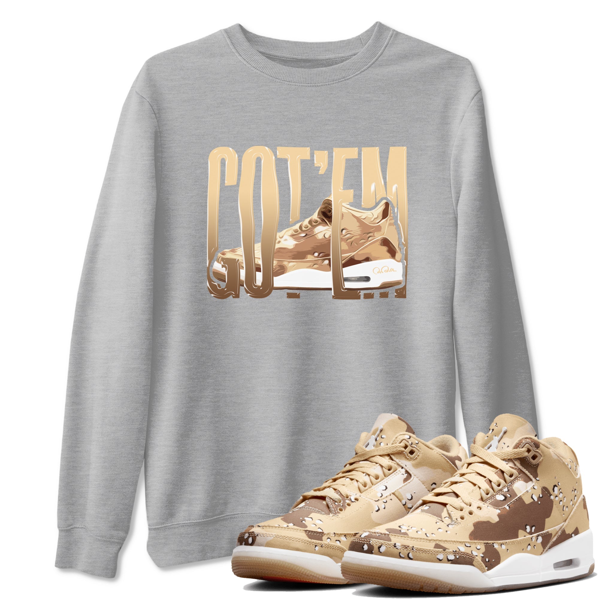 AJ3 Desert Camo shirts to match jordans Wiggling Gotem sneaker match tees Air Jordan 3 Desert Camo SNRT Sneaker Tees streetwear brand Heather Grey 1 unisex cotton tee