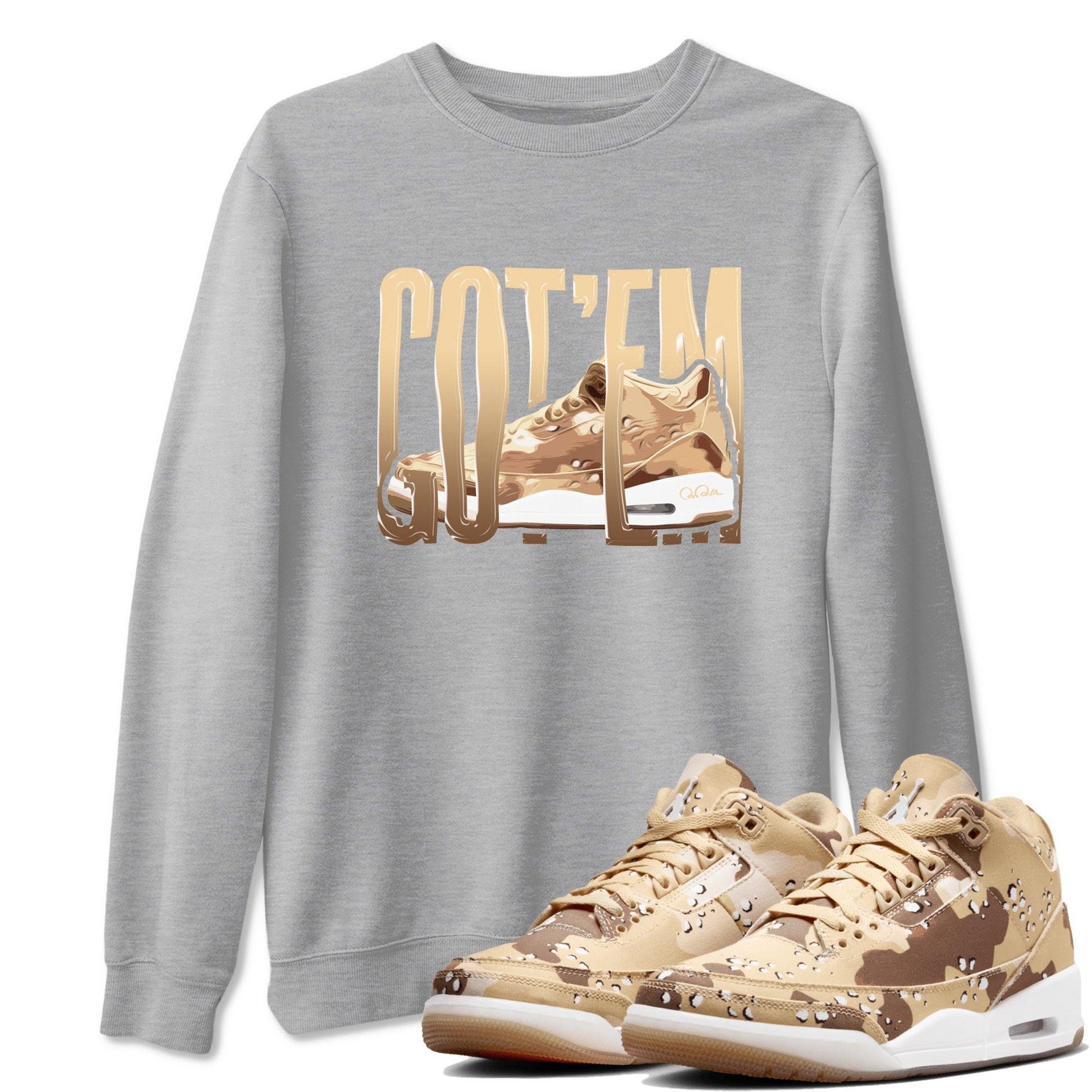 AJ3 Desert Camo shirts to match jordans Wiggling Gotem sneaker match tees Air Jordan 3 Desert Camo SNRT Sneaker Tees streetwear brand Heather Grey 1 unisex cotton tee